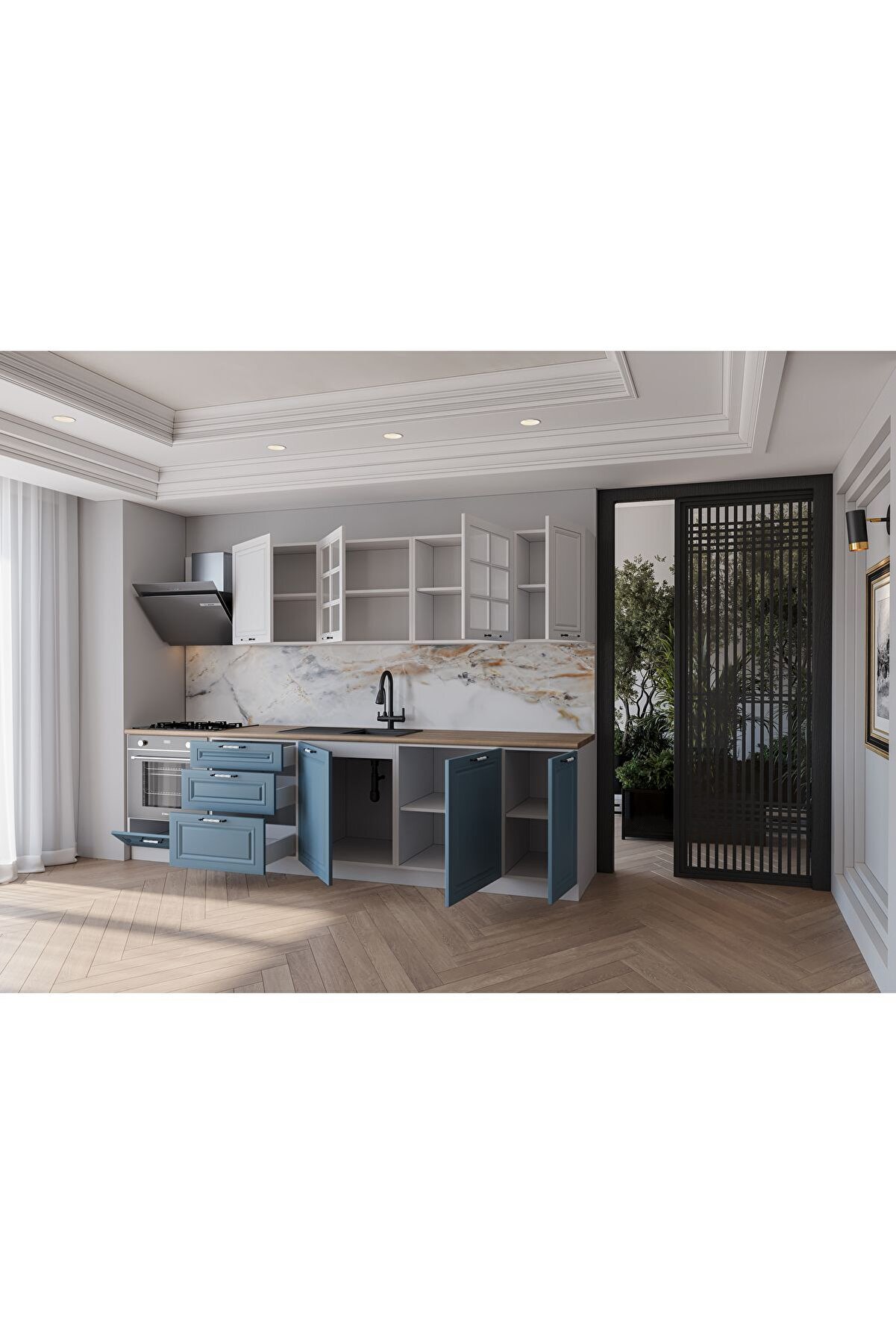 Vi̇sasconcept 280 Cm Mdf G&ouml;vde Mebran Kapak &Uuml;&ccedil; &Ccedil;ekmeceli̇ Ezel Hazır Mutfak - Mavi̇ - Beyaz(Tezgah Dahi̇l)