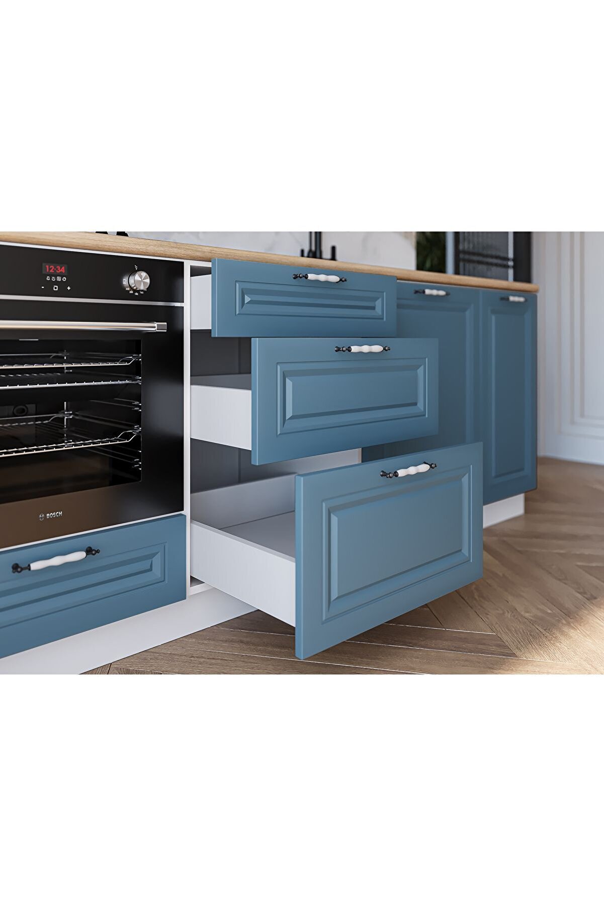 Vi̇sasconcept 300 Cm Mdf G&ouml;vde Membran Kapak &Uuml;&ccedil; &Ccedil;ekmeceli̇ Tanem Hazır Mutfak - Mavi̇ - Beyaz (Tezgah Dahi̇l)