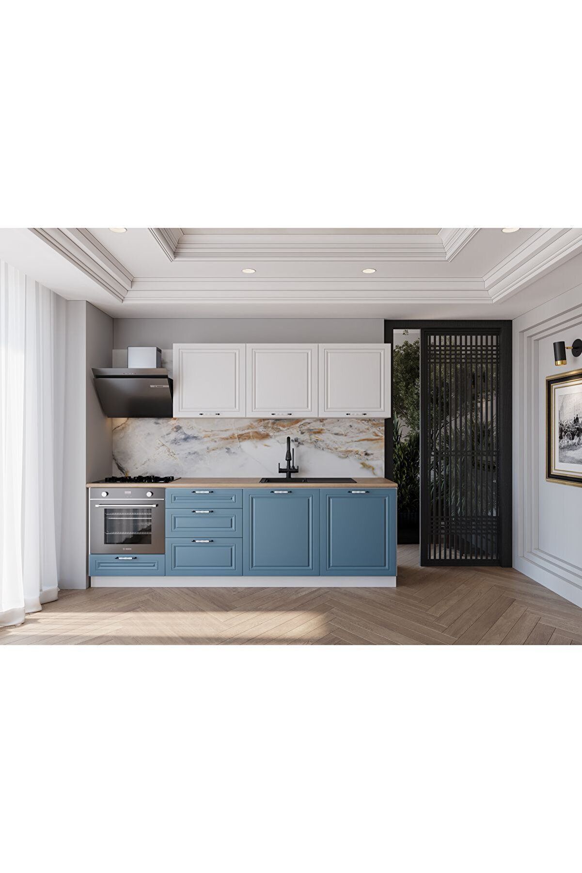 Vi̇sasconcept 240 Cm Mdf G&ouml;vde Mebran Kapak &Uuml;&ccedil; &Ccedil;ekmeceli̇ Ece Hazır Mutfak Mavi̇ - Beyaz(Tezgah Dahi̇l)