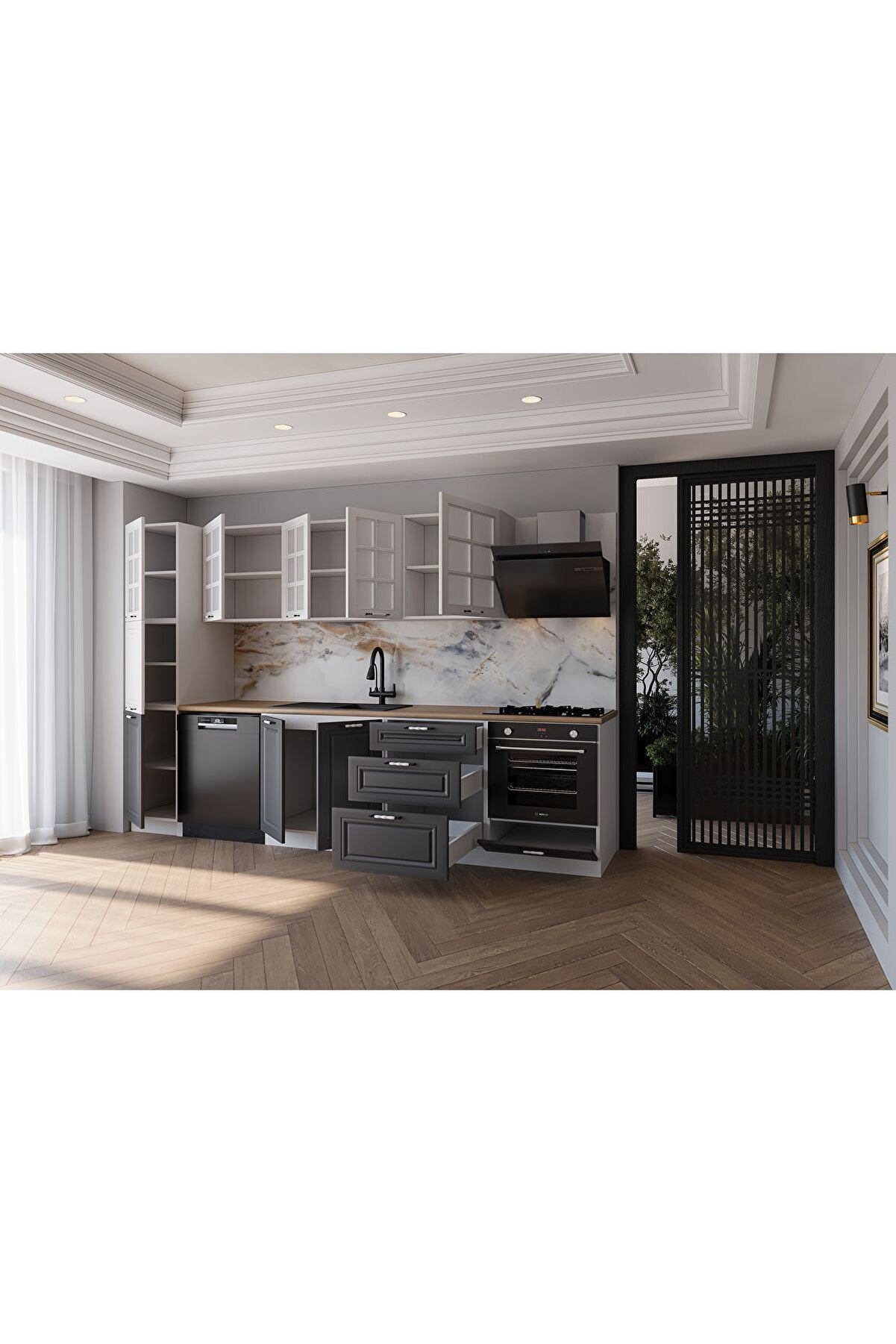 Vi̇sasconcept 300 Cm Mdf G&ouml;vde Mebran Kapak &Uuml;&ccedil; &Ccedil;ekmeceli̇ Reyhan Hazır Mutfak - Antrasi̇t - Beyaz(Tezgah Dahi̇l)