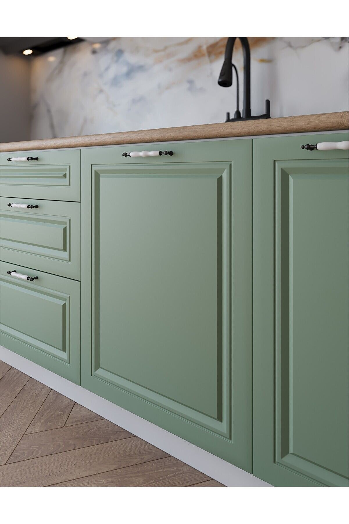 Vi̇sasconcept 280 Cm Mdf G&ouml;vde Mebran Kapak &Uuml;&ccedil; &Ccedil;ekmeceli̇ Emel Hazır Mutfak -Su Yeşi̇li̇ - Beyaz(Tezgah Dahi̇l)