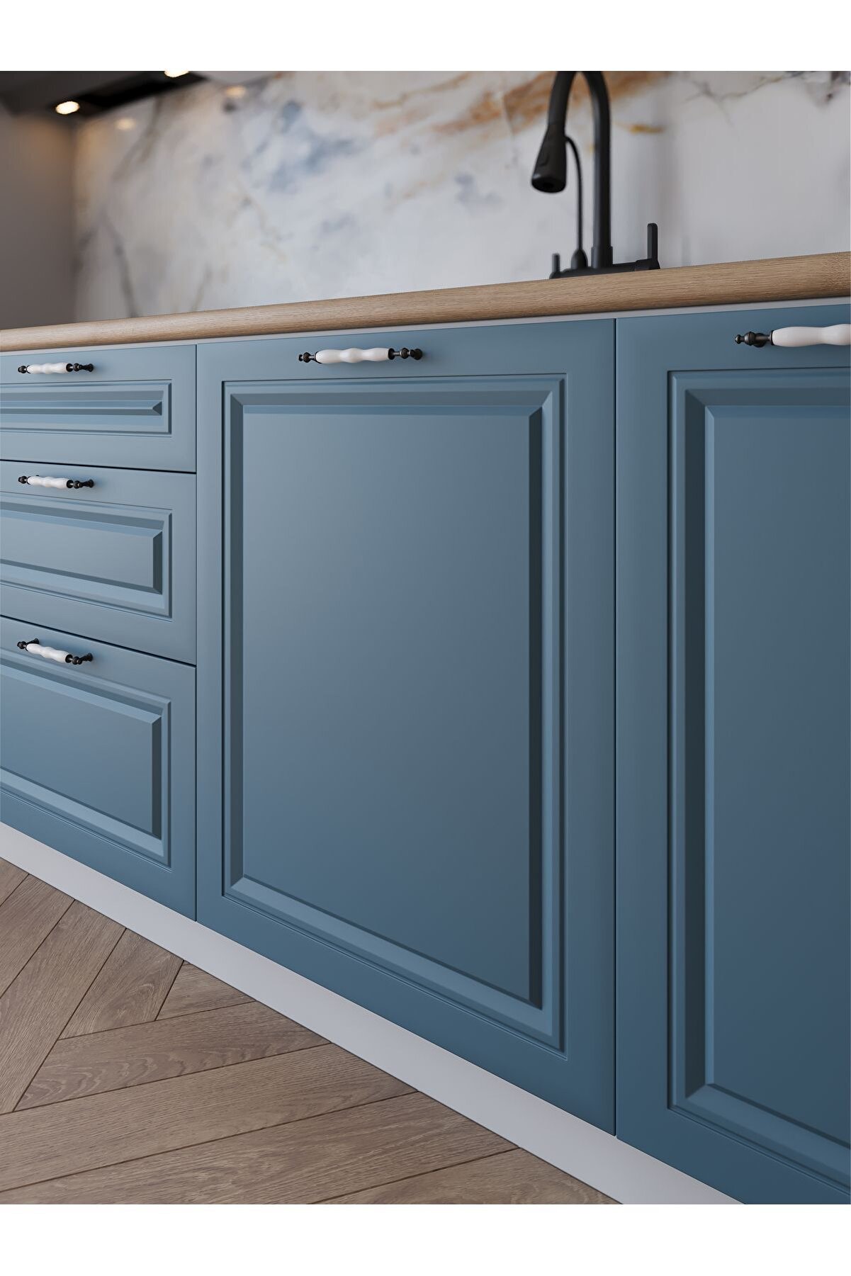 Vi̇sasconcept 200 Cm Mdf G&ouml;vde Mebran Kapak &Uuml;&ccedil; &Ccedil;ekmeceli̇ Başak Hazır Mutfak - Mavi̇ - Beyaz(Tezgah Dahi̇l)