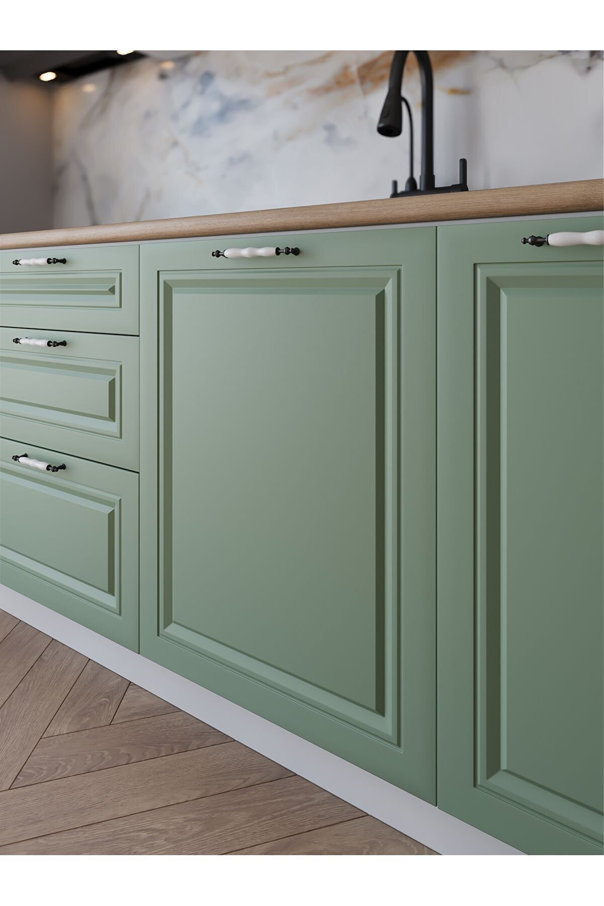 Vi̇sasconcept 300 Cm Mdf G&ouml;vde Mebran Kapak &Uuml;&ccedil; &Ccedil;ekmeceli̇ Yakut Hazır Mutfak -Su Yeşi̇li̇ - Beyaz (Tezgah Dahi̇l)