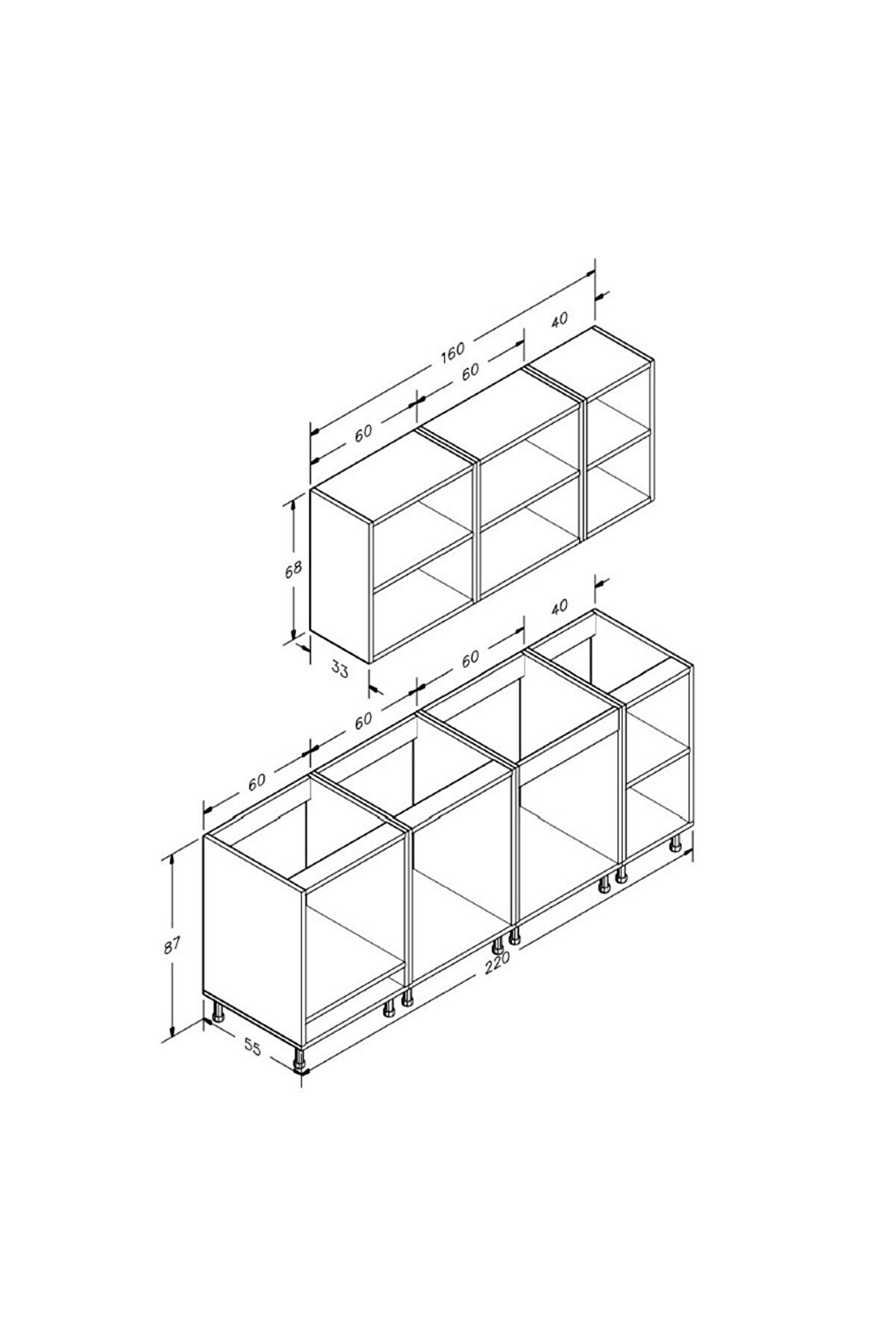 Vi̇sasconcept 220 Cm Mdf G&ouml;vde Mebran Kapak &Uuml;&ccedil; &Ccedil;ekmeceli̇ Mi̇rac Hazır Mutfak - Su Yeşi̇li̇ - Beyaz(Tezgah Dahi̇l)