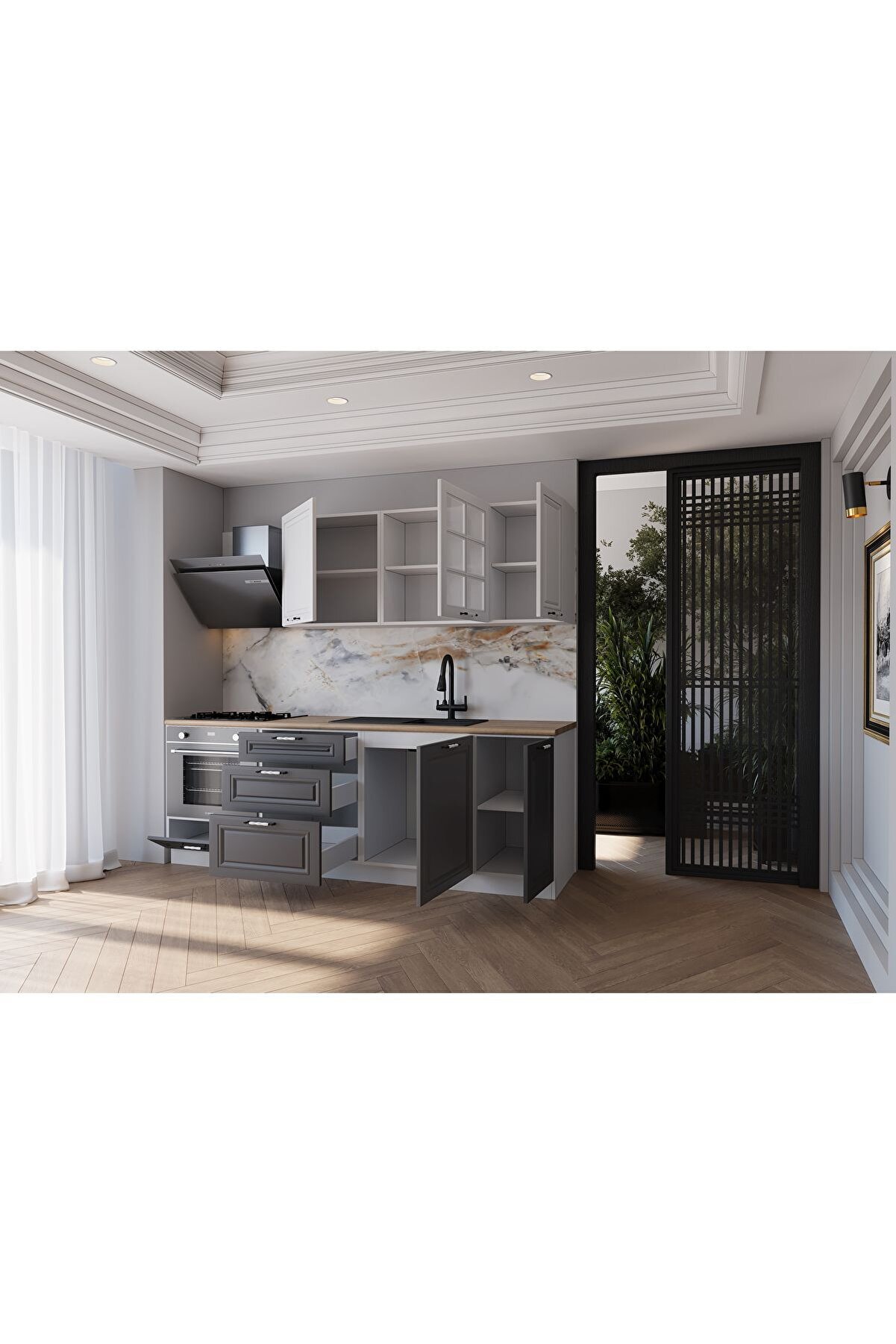 Vi̇sasconcept 220 Cm Mdf G&ouml;vde Mebran Kapak &Uuml;&ccedil; &Ccedil;ekmeceli̇ Emre Hazır Mutfak - Antrasi̇t - Beyaz(Tezgah Dahi̇l)