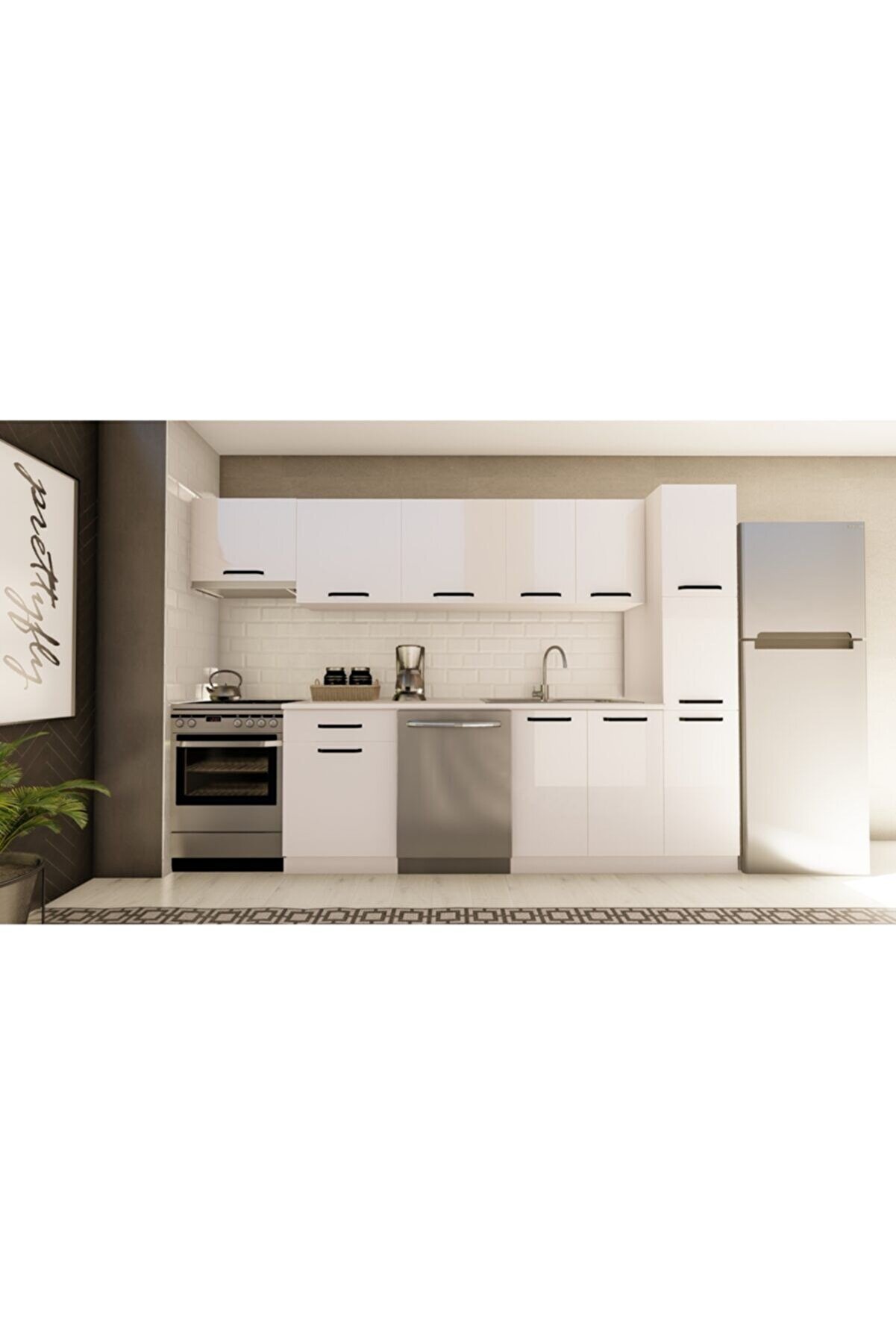 Vi̇sasconcept 300 Cm Yonca Hazır Mutfak Dolabı Aspi̇rat&ouml;r Ve Ki̇ler Mod&uuml;ll&uuml; Parlak Beyaz(Tezgah Dahi̇l)