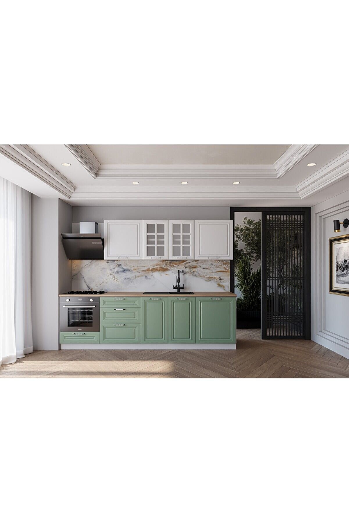 Vi̇sasconcept 260 Cm Mdf G&ouml;vde Mebran Kapak &Uuml;&ccedil; &Ccedil;ekmeceli̇ Ender Hazır Mutfak - Su Yeşi̇li̇ - Beyaz(Tezgah Dahi̇l)