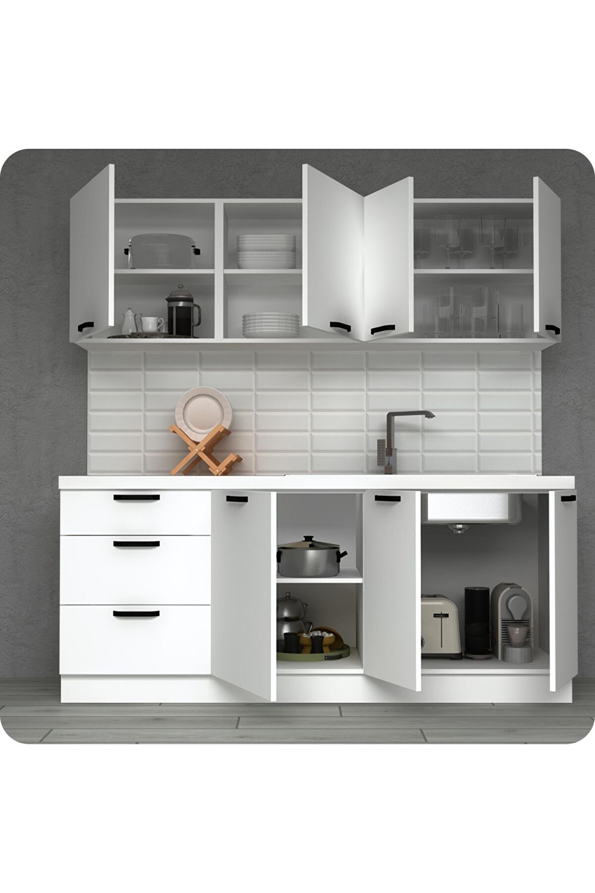 Vi̇sasconcept 200 Cm &Uuml;&ccedil; &Ccedil;ekmeceli̇ Trend Mutfak Dolabı Mi̇ni̇ Hazır Mutfak Tezgah Dahi̇l