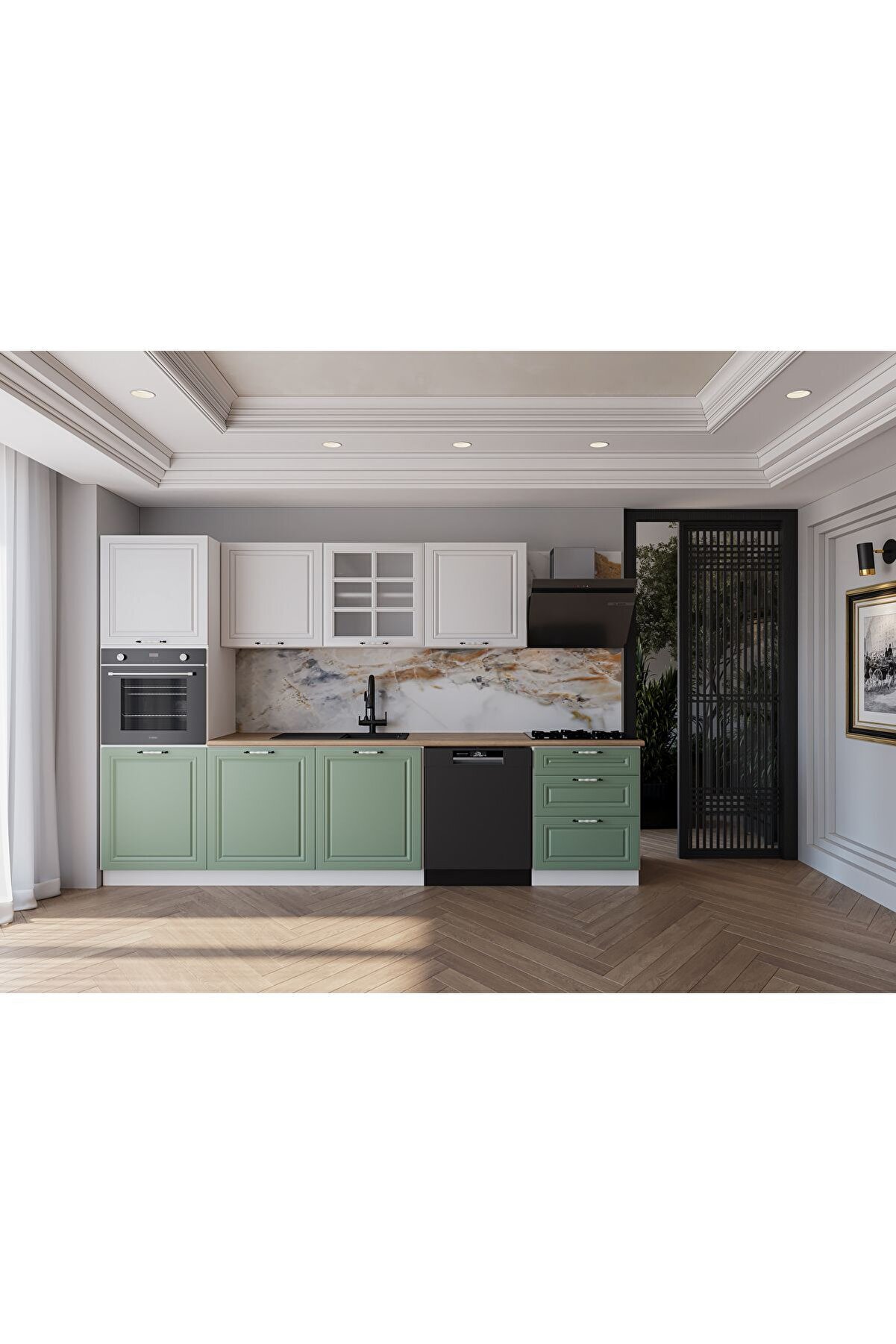 Vi̇sasconcept 300 Cm Mdf G&ouml;vde Membran Kapak &Uuml;&ccedil; &Ccedil;ekmeceli̇ Z&uuml;mra Hazır Mutfak - Su Yeşi̇li̇ - Beyaz (Tezgah Dahi̇l)