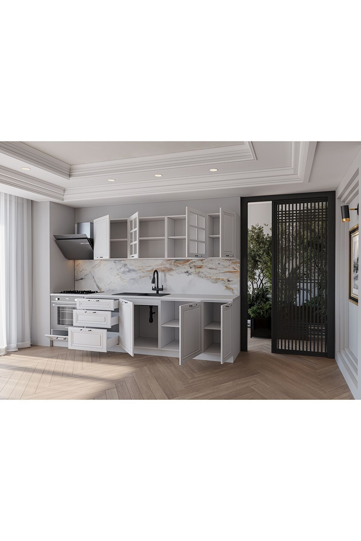 Vi̇sasconcept 280 Cm Mdf G&ouml;vde Mebran Kapak &Uuml;&ccedil; &Ccedil;ekmeceli̇ Ecri̇n Hazır Mutfak - Beyaz(Tezgah Dahi̇l)