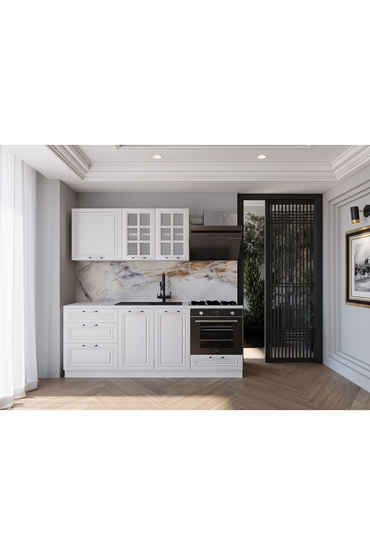 Vi̇sasconcept 200 Cm Mdf G&ouml;vde Mebran Kapak &Uuml;&ccedil; &Ccedil;ekmeceli̇ Ipek Hazır Mutfak - Beyaz(Tezgah Dahi̇l)