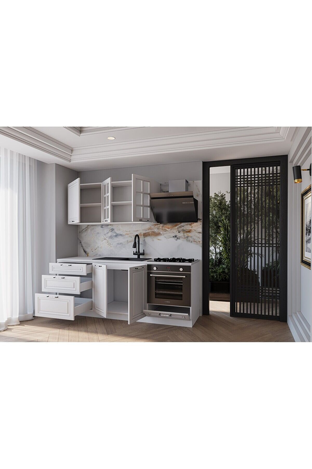 Vi̇sasconcept 200 Cm Mdf G&ouml;vde Mebran Kapak &Uuml;&ccedil; &Ccedil;ekmeceli̇ Ipek Hazır Mutfak - Beyaz(Tezgah Dahi̇l)