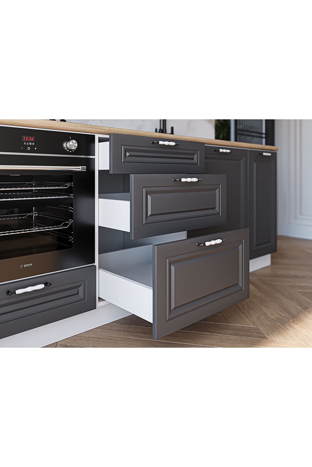 Vi̇sasconcept 300 Cm Mdf G&ouml;vde Membran Kapak &Uuml;&ccedil; &Ccedil;ekmeceli̇ Peli̇n Hazır Mutfak - Antrasi̇t - Beyaz(Tezgah Dahi̇l)