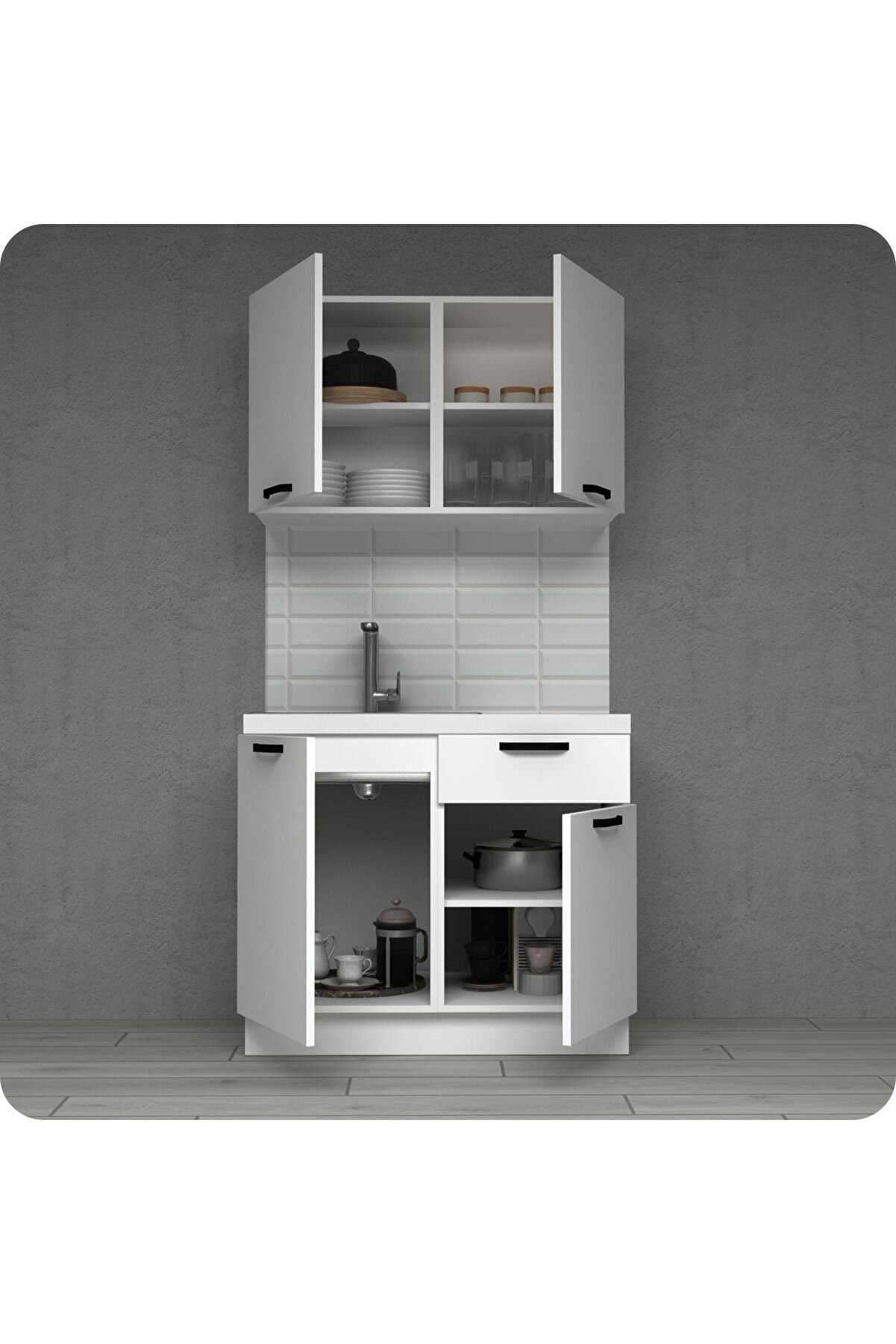 Vi̇sasconcept 120 Cm Tek &Ccedil;ekmeceli̇ Kar Beyaz Mutfak Dolabı Mi̇ni̇ Hazır Mutfak (Tezgah Dahi̇l)