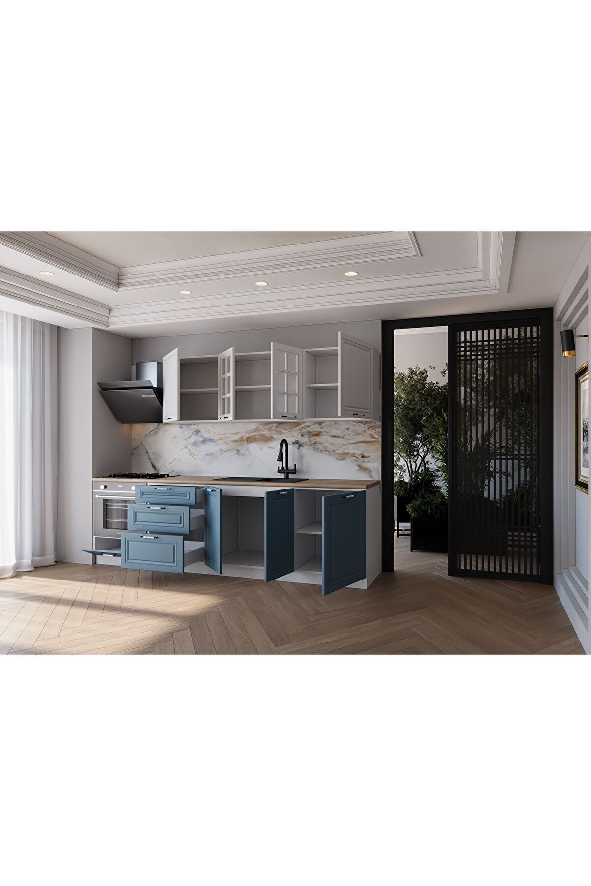 Vi̇sasconcept 260 Cm Mdf G&ouml;vde Mebran Kapak &Uuml;&ccedil; &Ccedil;ekmeceli̇ &Ccedil;ınar Hazır Mutfak - Mavi̇ - Beyaz(Tezgah Dahi̇l)