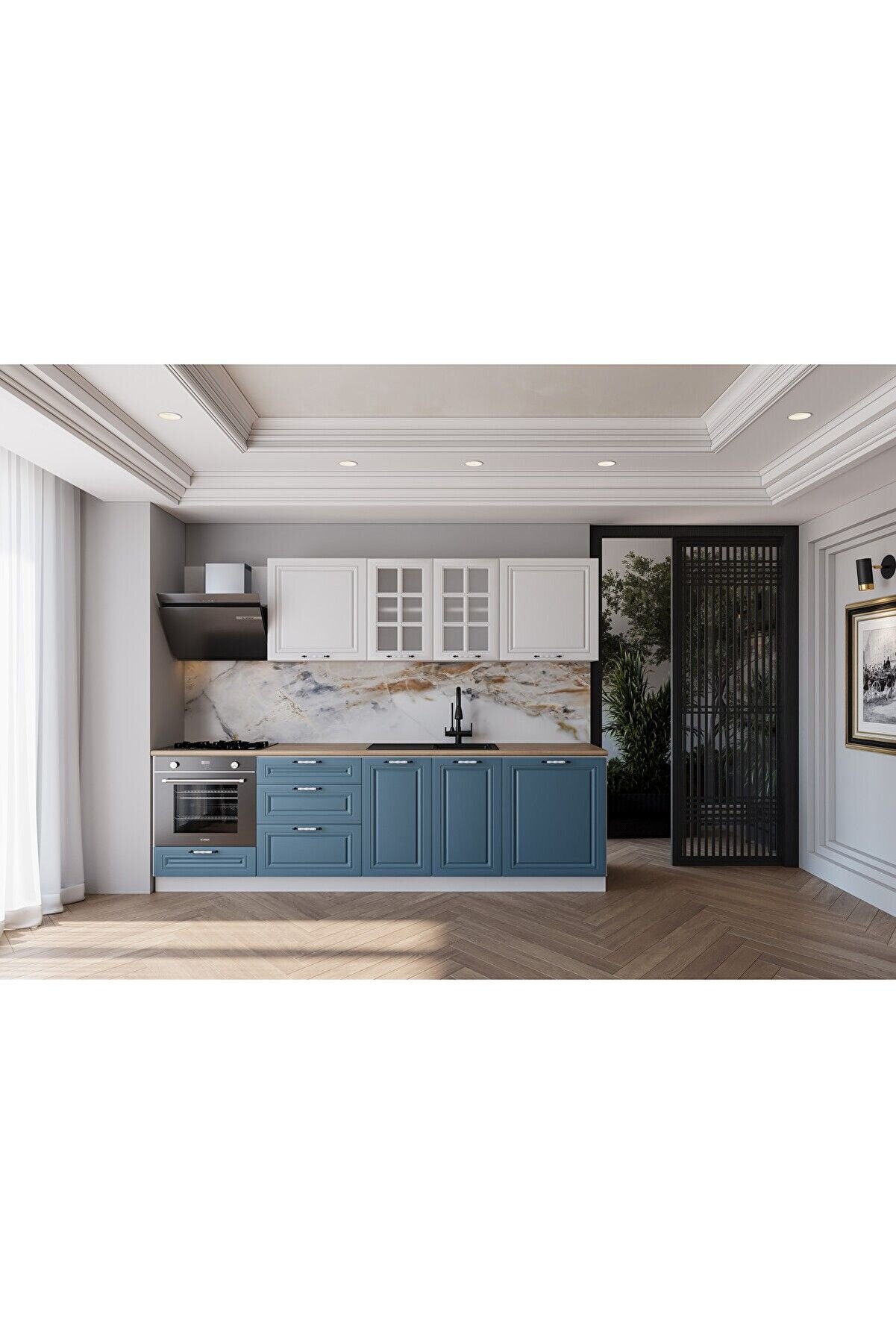 Vi̇sasconcept 260 Cm Mdf G&ouml;vde Mebran Kapak &Uuml;&ccedil; &Ccedil;ekmeceli̇ &Ccedil;ınar Hazır Mutfak - Mavi̇ - Beyaz(Tezgah Dahi̇l)