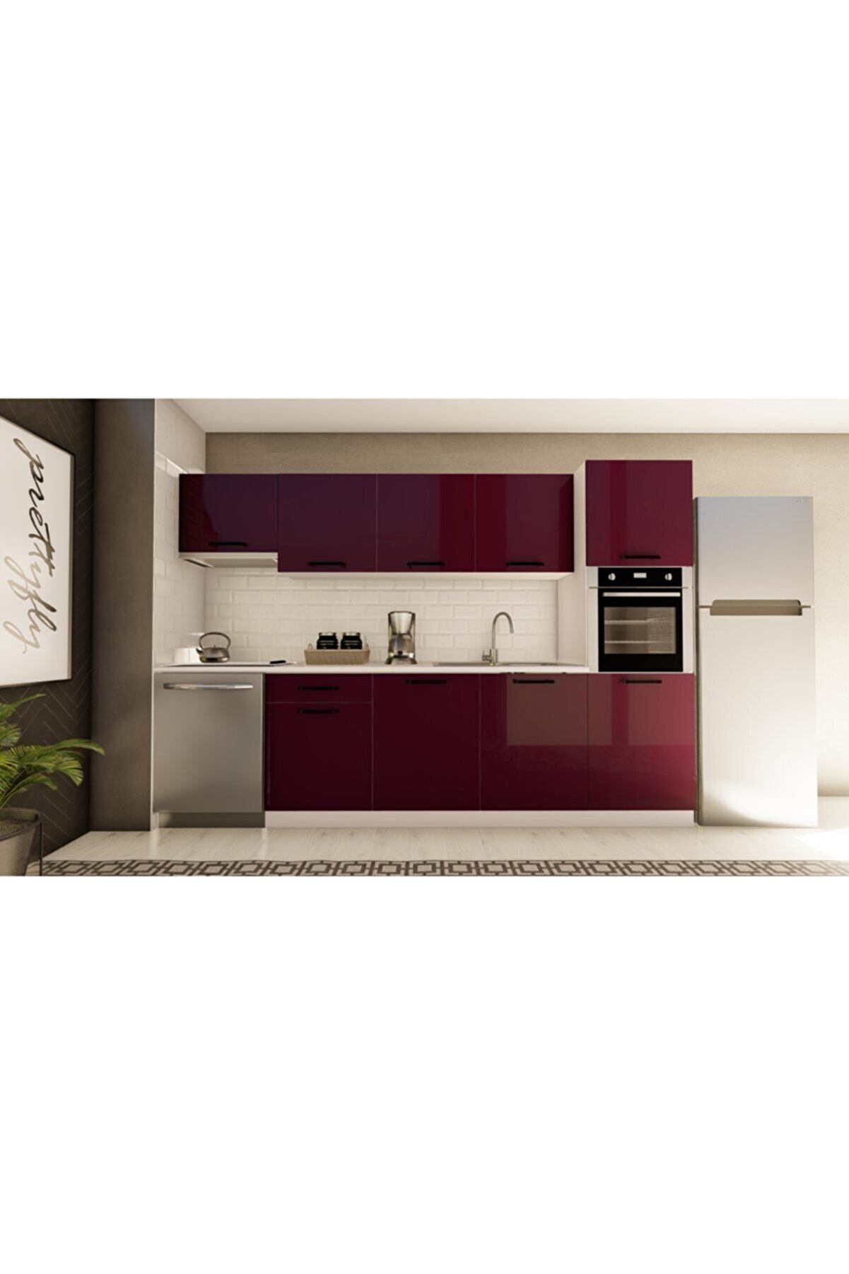 Vi̇sasconcept 300 Cm Şeyma Hazır Mutfak Dolabı Aspi̇rat&ouml;r Ve Ankastre Ki̇ler Mod&uuml;ll&uuml; Parlak M&uuml;rd&uuml;m(Tezgah Dahi̇l)