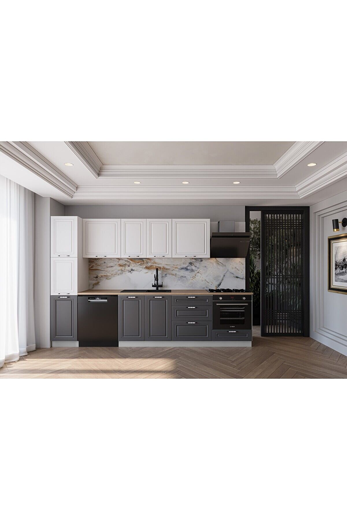 Vi̇sasconcept 300 Cm Mdf G&ouml;vde Membran Kapak &Uuml;&ccedil; &Ccedil;ekmeceli̇ Peli̇n Hazır Mutfak - Antrasi̇t - Beyaz(Tezgah Dahi̇l)