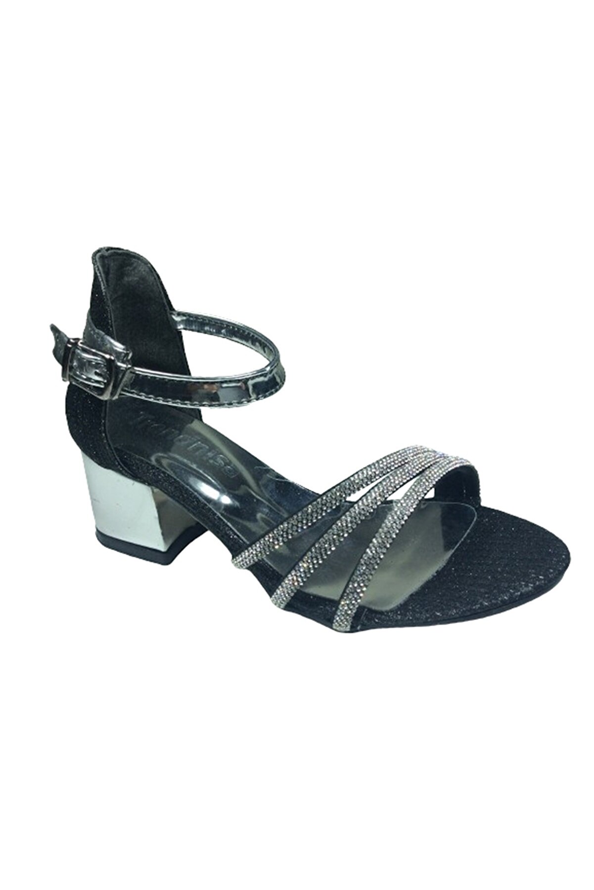 OrtopedikAL 2006 Mot Filet Siyah-gümüş Taşlı Kız Çocuk Topuklu Ayakkabı Abiye Tokalı