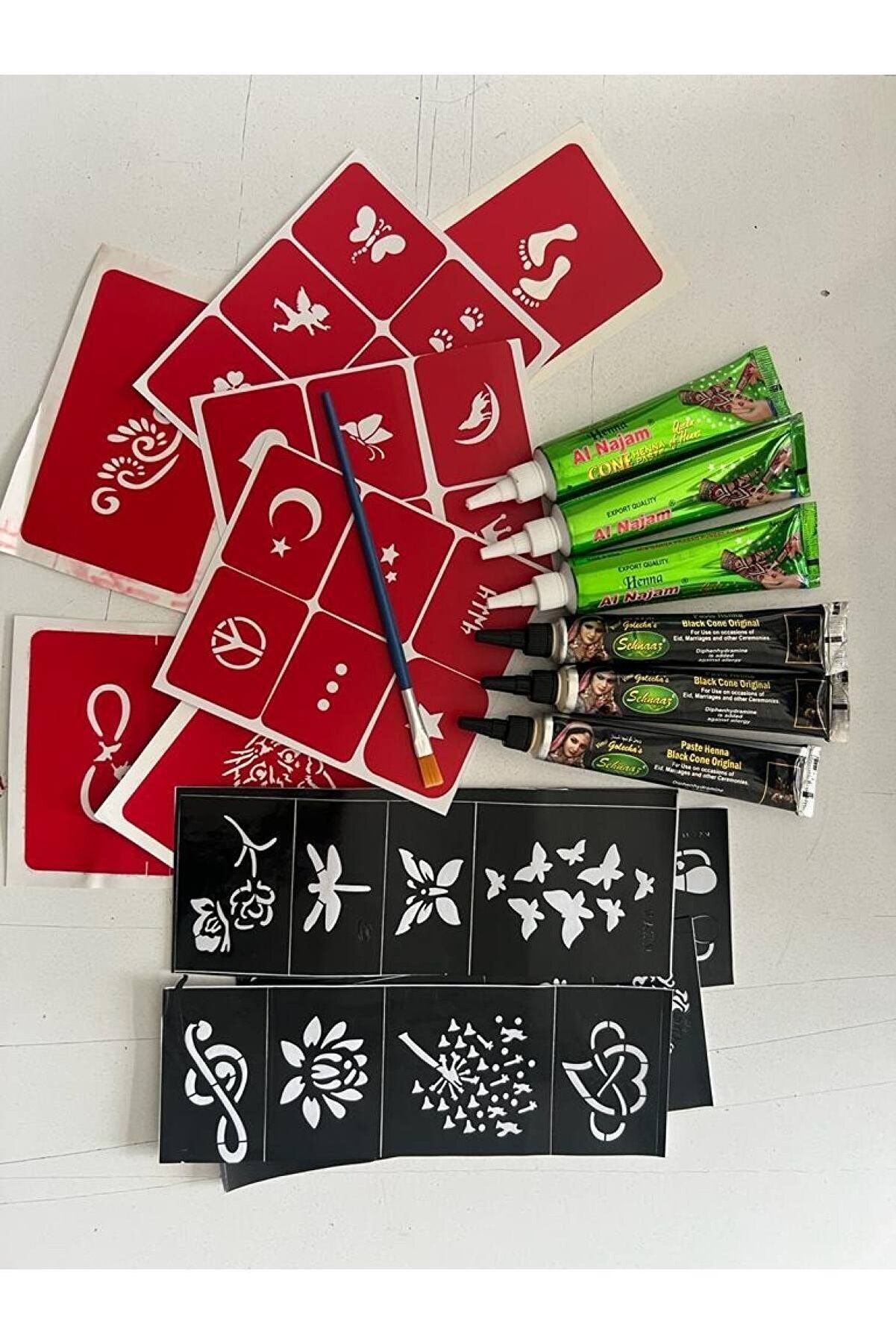 Enhavalı 6 Tüp Si̇yah Ve Kırmızı Kına 40 Şablon Ve Fırça Hedi̇yeli̇ Geçi̇ci̇ Dövme Seti̇