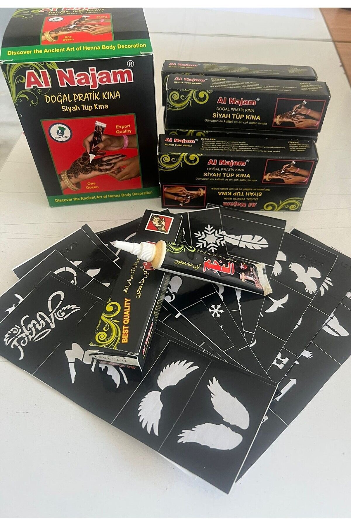 Ai̇rbrush Tattoo Yeni̇ Tari̇hli̇ 12 Tüp Bi̇rden Si̇yah Al Najam Hi̇nt Kınası 10 Sayfa Şablon Hedi̇yeli̇ Geçi̇ci̇ Dövme Paketi̇