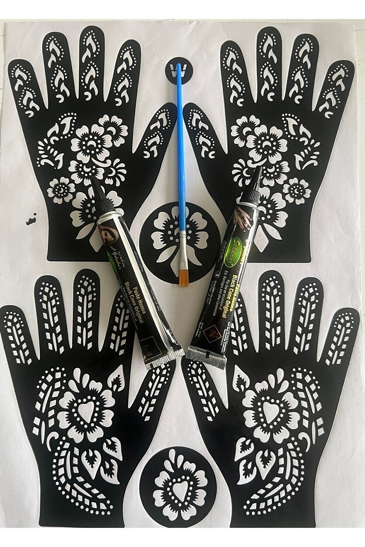 Enhavalı 2 Tüp Hi̇nt Kınası Ve El Süsleme Şablonları Seti̇ Fırça Hedi̇yeli̇