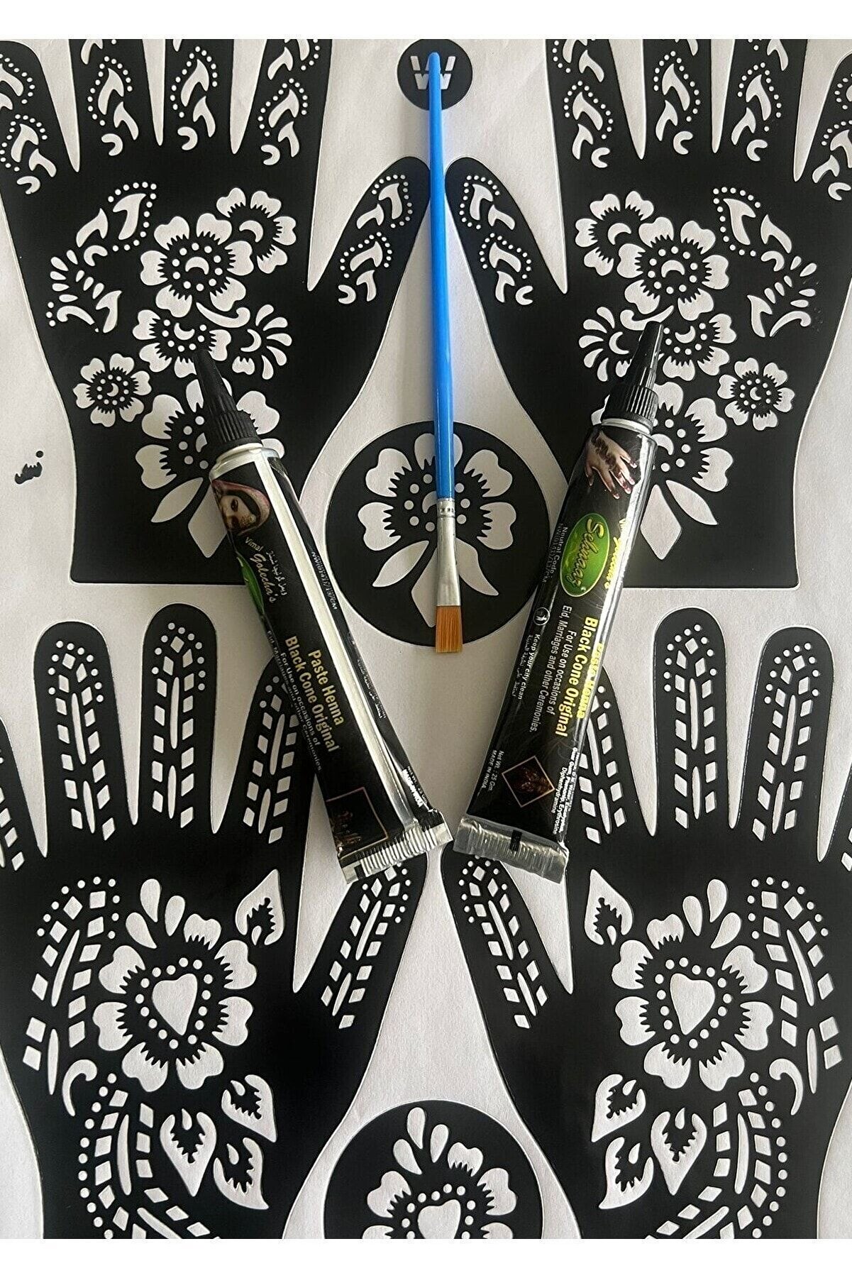 Enhavalı 2 Tüp Hi̇nt Kınası Ve El Süsleme Şablonları Seti̇ Fırça Hedi̇yeli̇