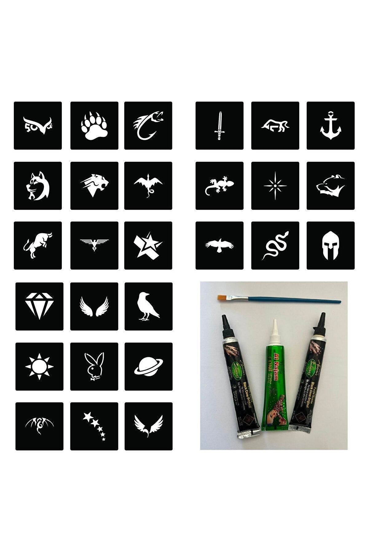 Enhavalı 27 Mi̇ni̇mal Erkek Şablon 3 Tüp Kına Fırça Hedi̇yeli̇ Geçi̇ci̇ Dövme Seti̇