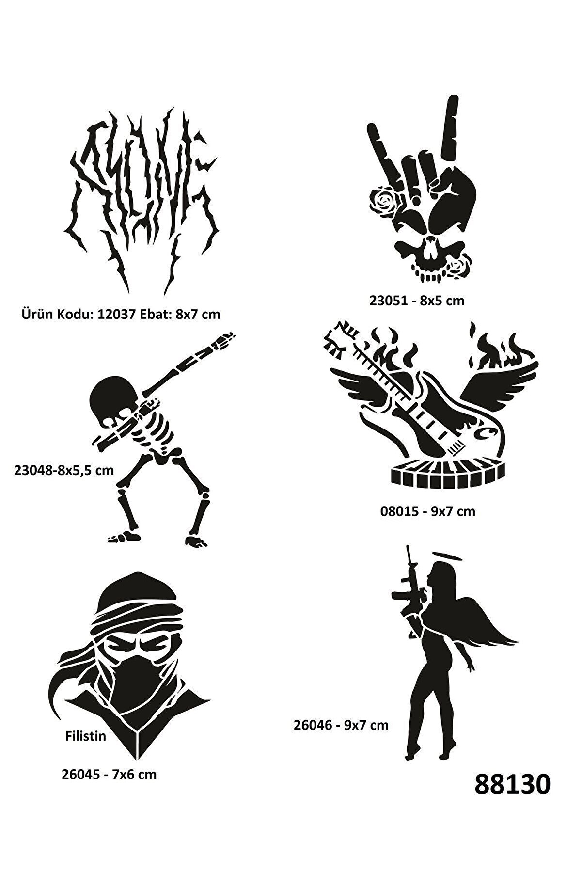 Ai̇rbrush Tattoo Rock Ve M&uuml;zi̇k Sembolleri̇ 6 Adet Ge&ccedil;i̇ci̇ D&ouml;vme Kalıbı Spreysi̇z Sadece Şablon