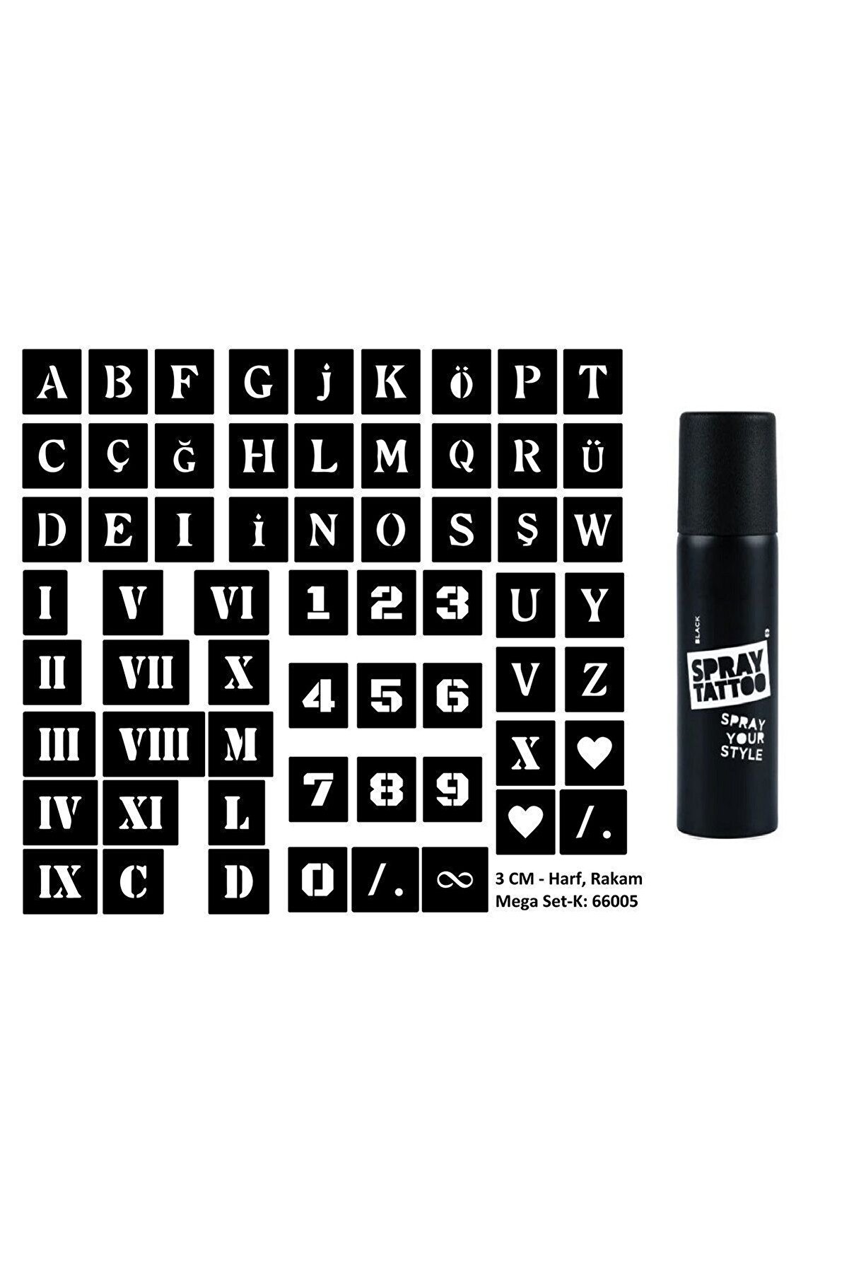 Ai̇rbrush Tattoo Mega Spray Tattoo Ge&ccedil;i̇ci̇ D&ouml;vme Yapma Seti̇ Harf, Roma Rakamı Ve Sayı