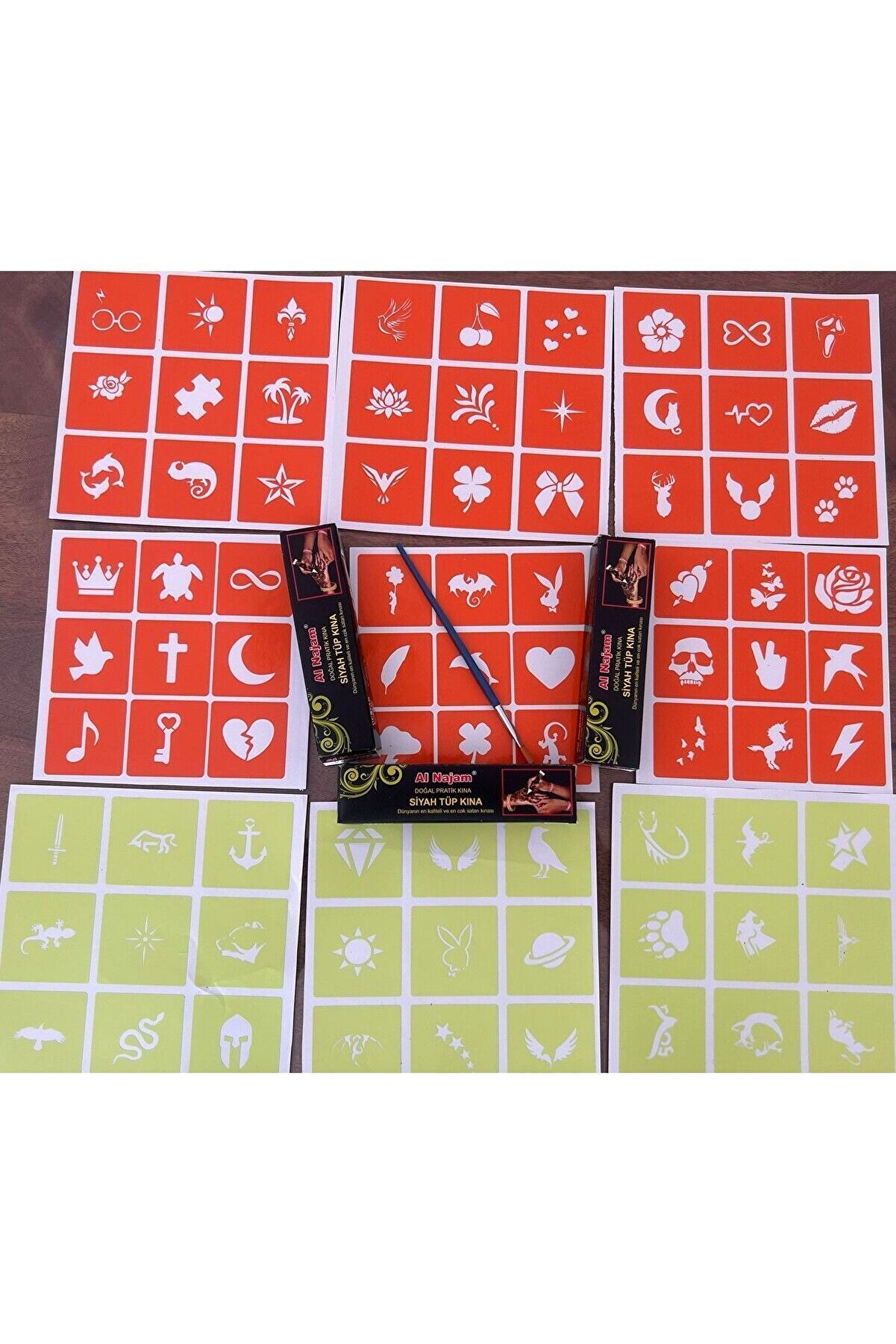 Ai̇rbrush Tattoo Geçi̇ci̇ Dövme Seti̇ 81 Şablon 3 Tüp Si̇yah Al Najam Kına Ve Fırça Hedi̇yeli̇