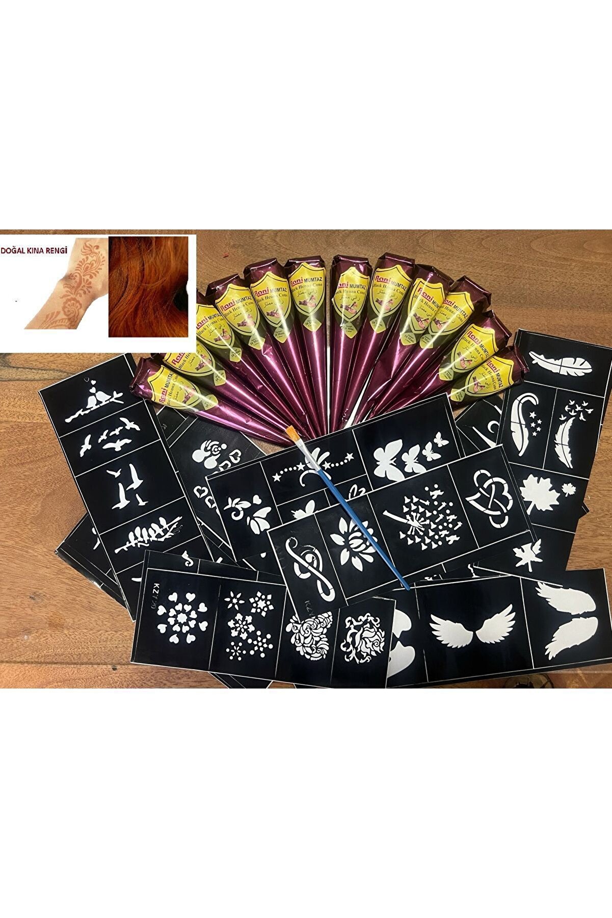 Ai̇rbrush Tattoo Doğal Kına Rengi̇ Jumbo Boy 50 Gram 12 Koni̇ Kına Ve 12 Sayfa Şablon Hedi̇yeli̇ Set