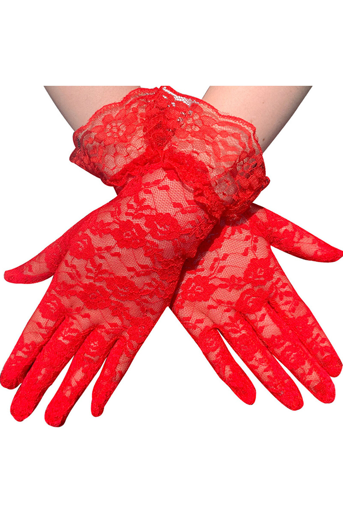 Go İthalat G&uuml;p&uuml;rl&uuml; Bi̇lek Boyu Kırmızı Dantel Eldi̇ven Yeti̇şki̇n (2818)