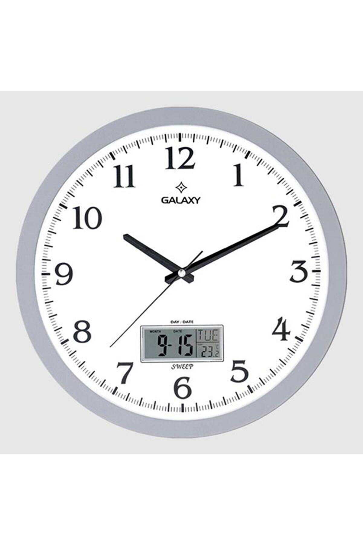 Galaxy DUVAR SAATİ GRİ ÇERÇEVELİ 35.5CM TAKVİMLİ TERMOMETRELİ HİGROMETRELİ ANALOG VE Dİ