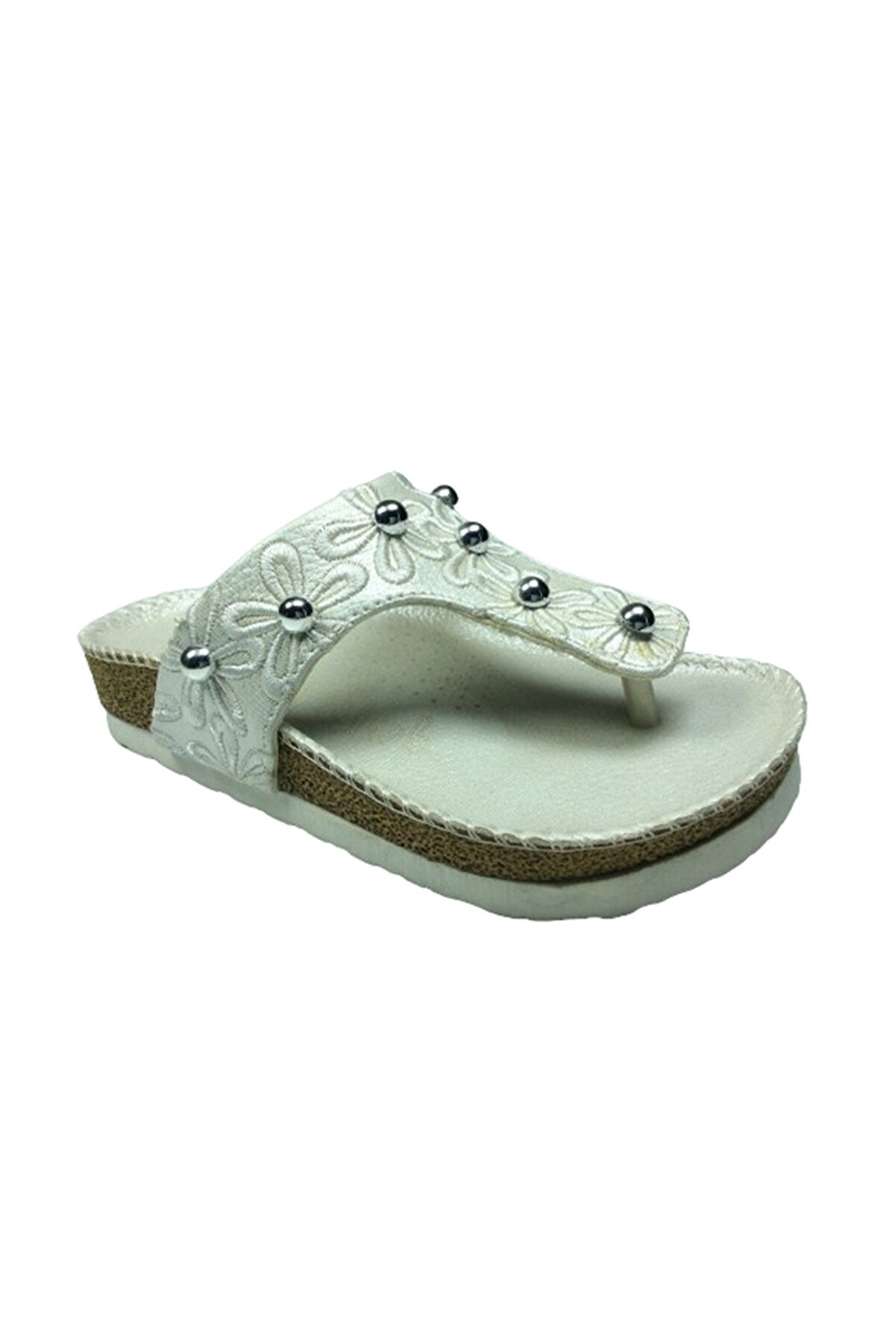 OrtopedikAL 1005 Patik Kız Çocuk Beyaz Çiçekli Terlik Parmak Arası Abiye Taşlı