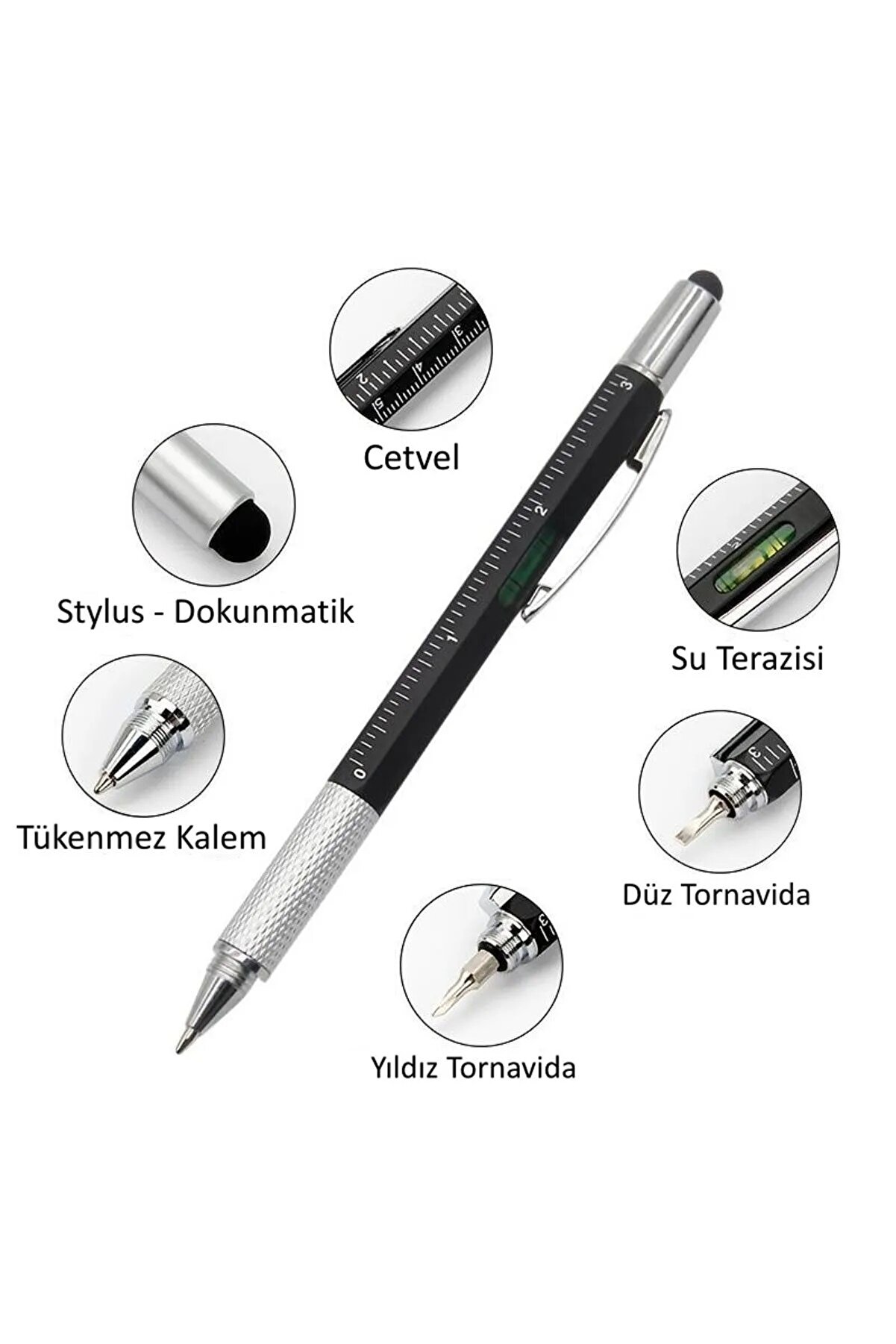 Hi̇tdukkan Mühendi̇s Kalemi̇ Su Terazi̇li̇ Cetvelli̇ Tornavi̇dalı Touchpen Si̇yah