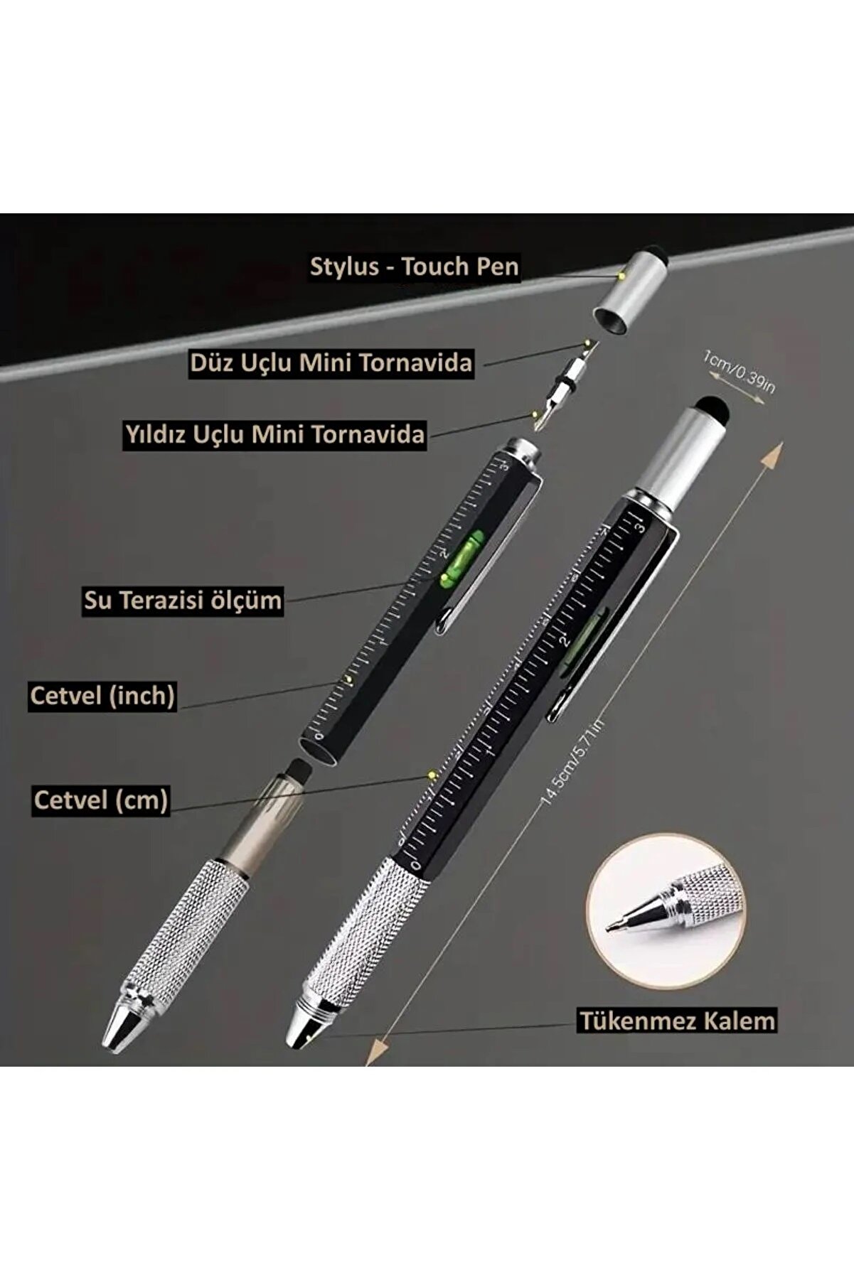 Hi̇tdukkan Mühendi̇s Kalemi̇ Su Terazi̇li̇ Cetvelli̇ Tornavi̇dalı Touchpen Si̇yah