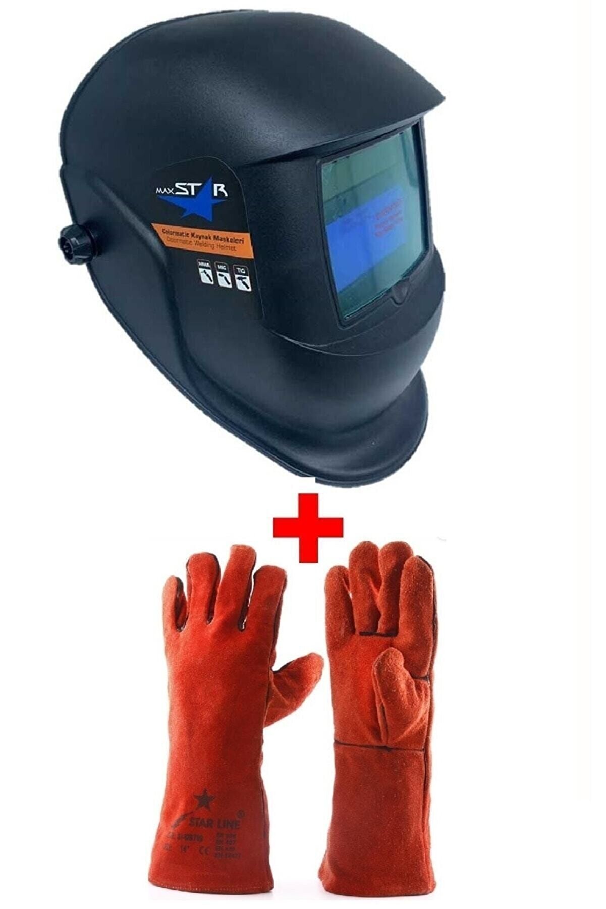 Maxstar LABOR MARKA Otomatik Kararan Kaynak Maskesi Kırmızı Kaynakçı Eldiveni