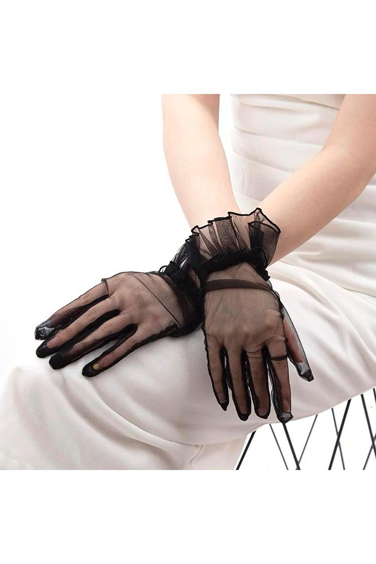 Go İthalat Kısa Boy Li̇kralı G&uuml;p&uuml;rl&uuml; Yeti̇şki̇n T&uuml;l Eldi̇ven Si̇yah Renk (4130)