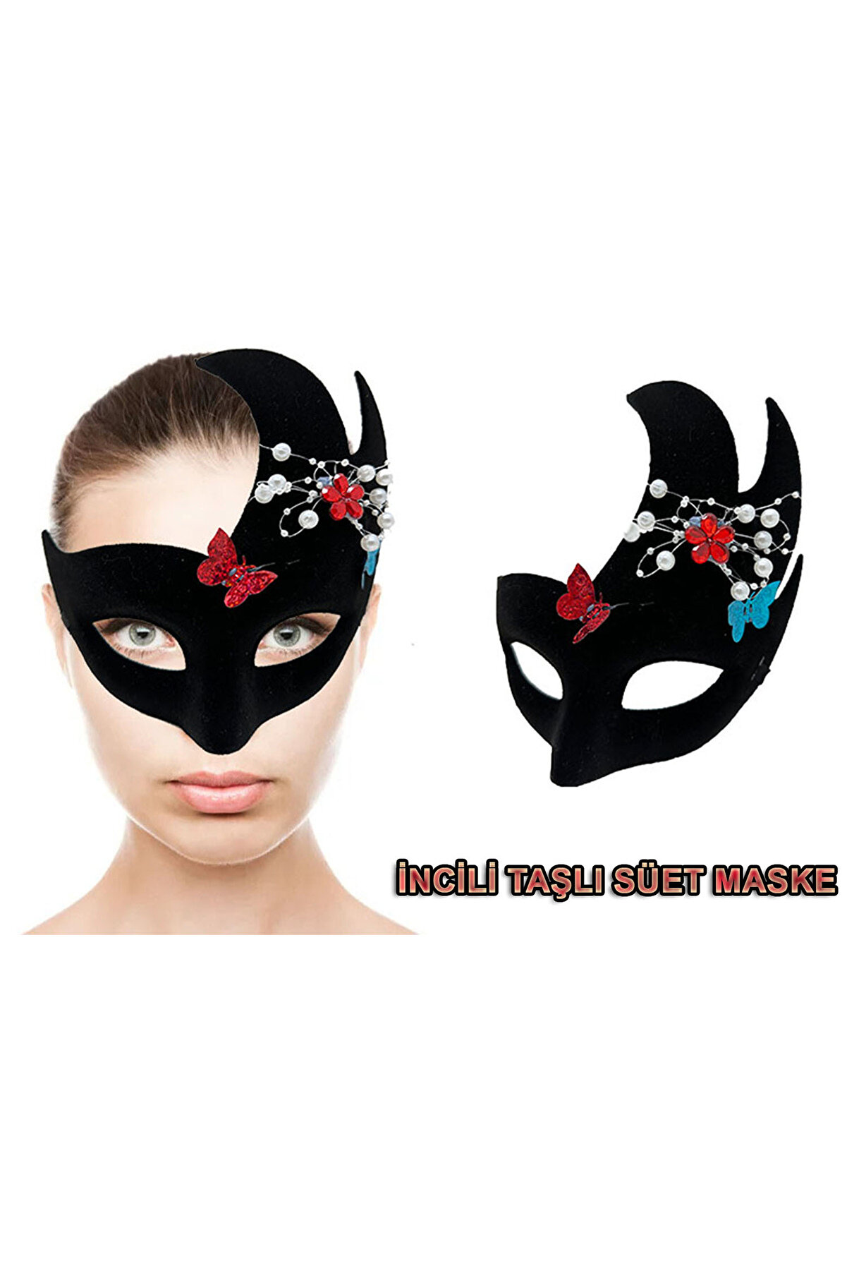 Go İthalat Si̇yah Renk İnci̇li̇ Taşlı S&uuml;et Kaplama Venedi̇k Parti̇ Maskesi̇ 20X22 Cm (4130)