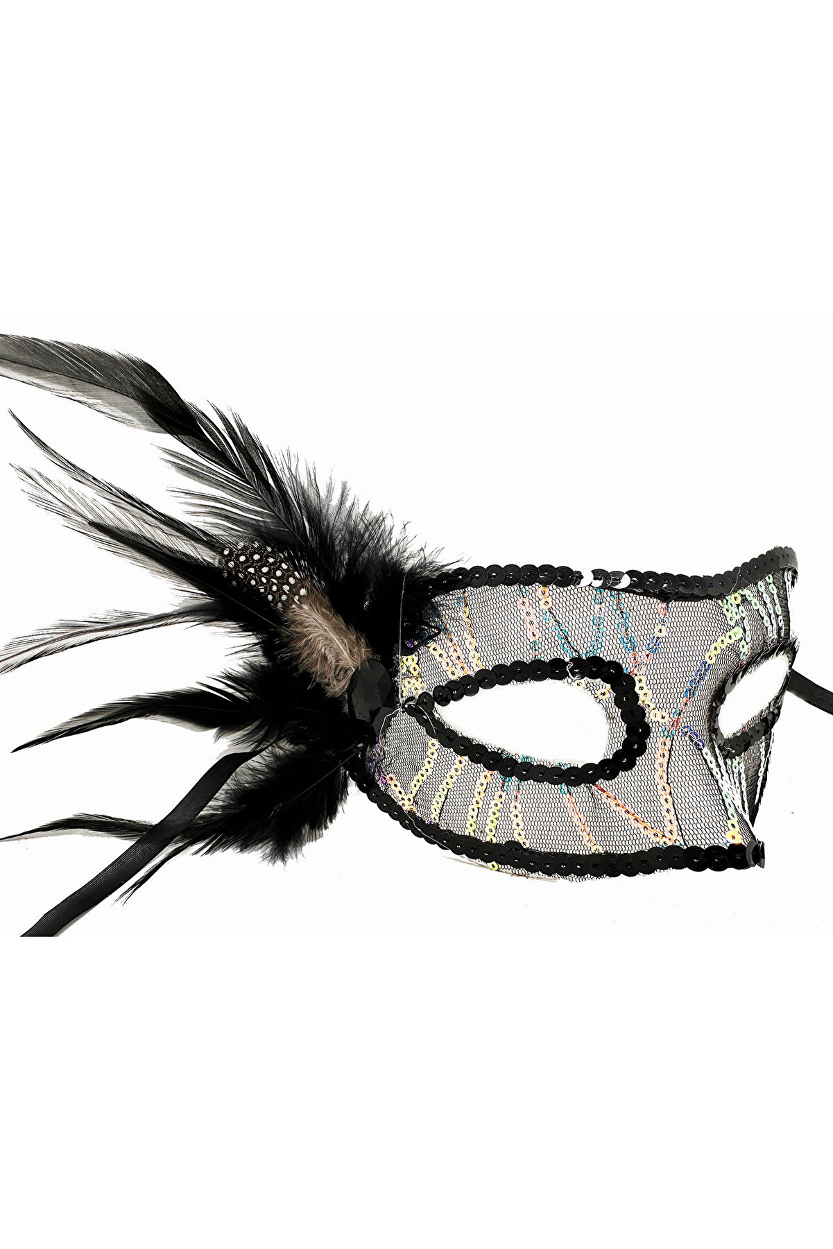 Go İthalat Si̇yah Renk Yandan T&uuml;yl&uuml; Pul Payet İşlemeli̇ Parti̇ Maskesi̇ 23X12 Cm (4130)