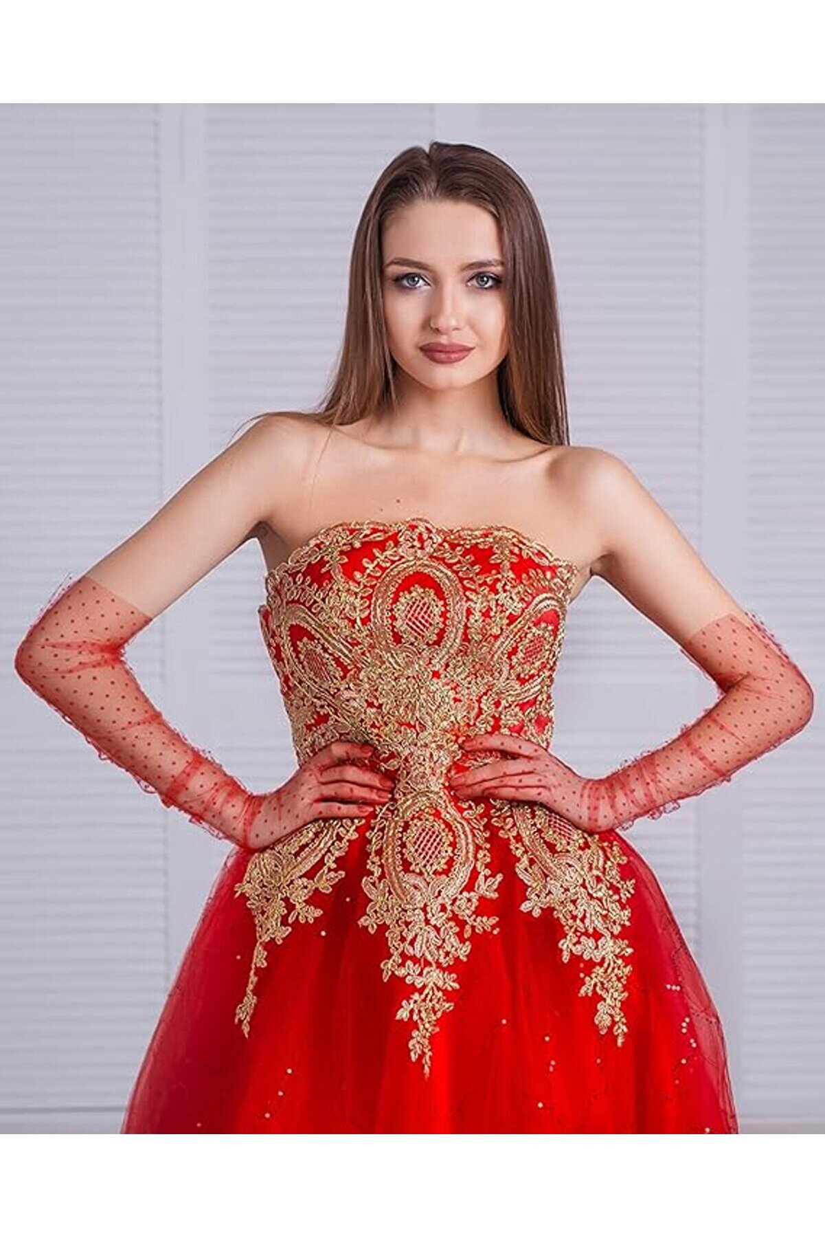 Go İthalat Uzun Boy Kırmızı Puanti̇yeli̇ Kırmızı Renk Yeti̇şki̇n T&uuml;l Eldi̇ven 55 Cm (4130)