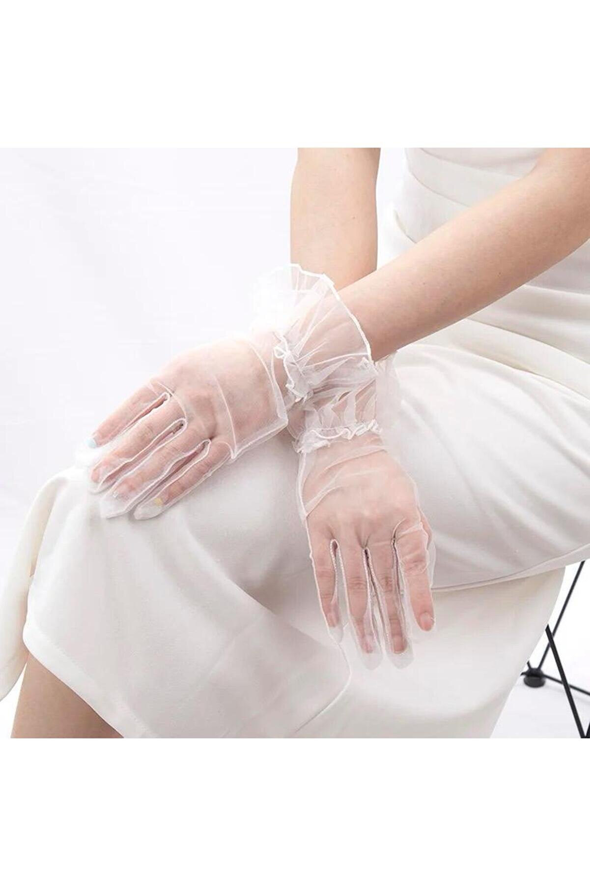 Go İthalat Kısa Boy Li̇kralı G&uuml;p&uuml;rl&uuml; Yeti̇şki̇n T&uuml;l Eldi̇ven Beyaz Renk (4130)