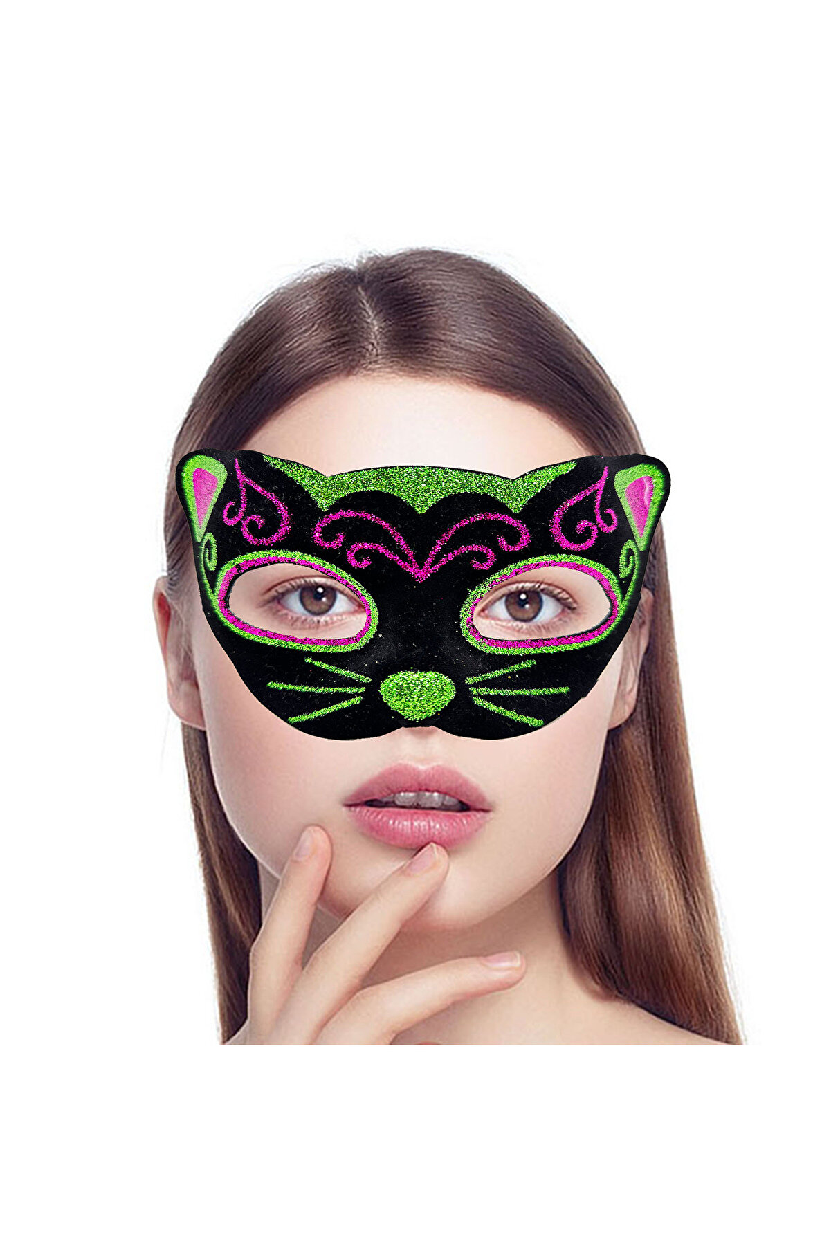 Go İthalat Si̇yah Kadi̇fe Kaplama &Uuml;zeri̇ Pembe Yeşi̇l Si̇m İşlemeli̇ Kedi̇ Maskesi̇ 20X13 Cm (4130)