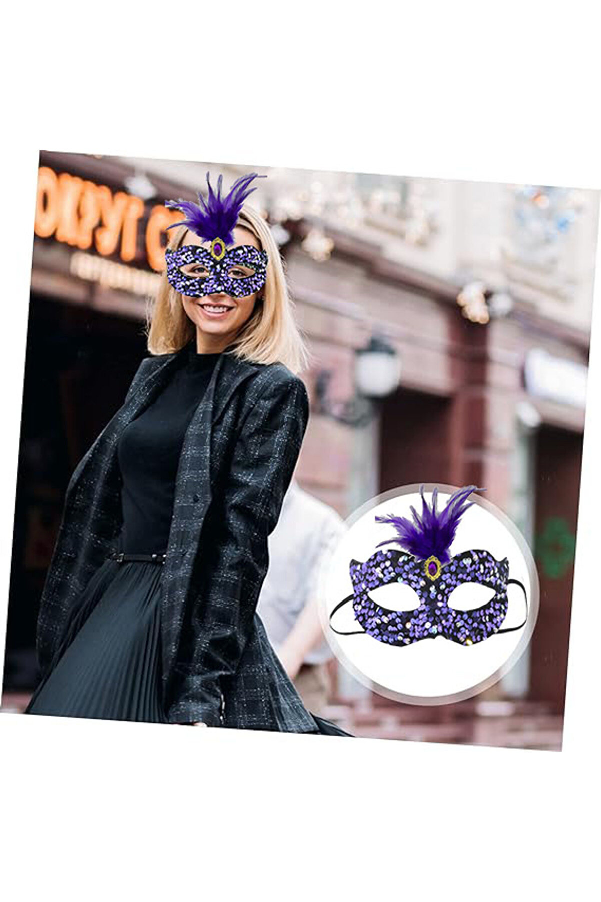 Go İthalat Si̇yah Kadi̇fe &Uuml;zeri̇ Rengarenk Payetli̇ Pullu Mor T&uuml;yl&uuml; Mor Taşlı Parti̇ Maskesi̇ 19X21 Cm (4130)