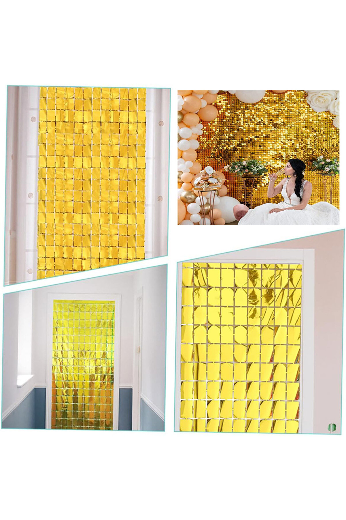 Go İthalat Ekstra Metali̇ze Altın Renk Di̇sko Di̇kd&ouml;rtgen Kesi̇m Kapı Perdesi̇ Dekorasyon 1X2 Metre (4130)