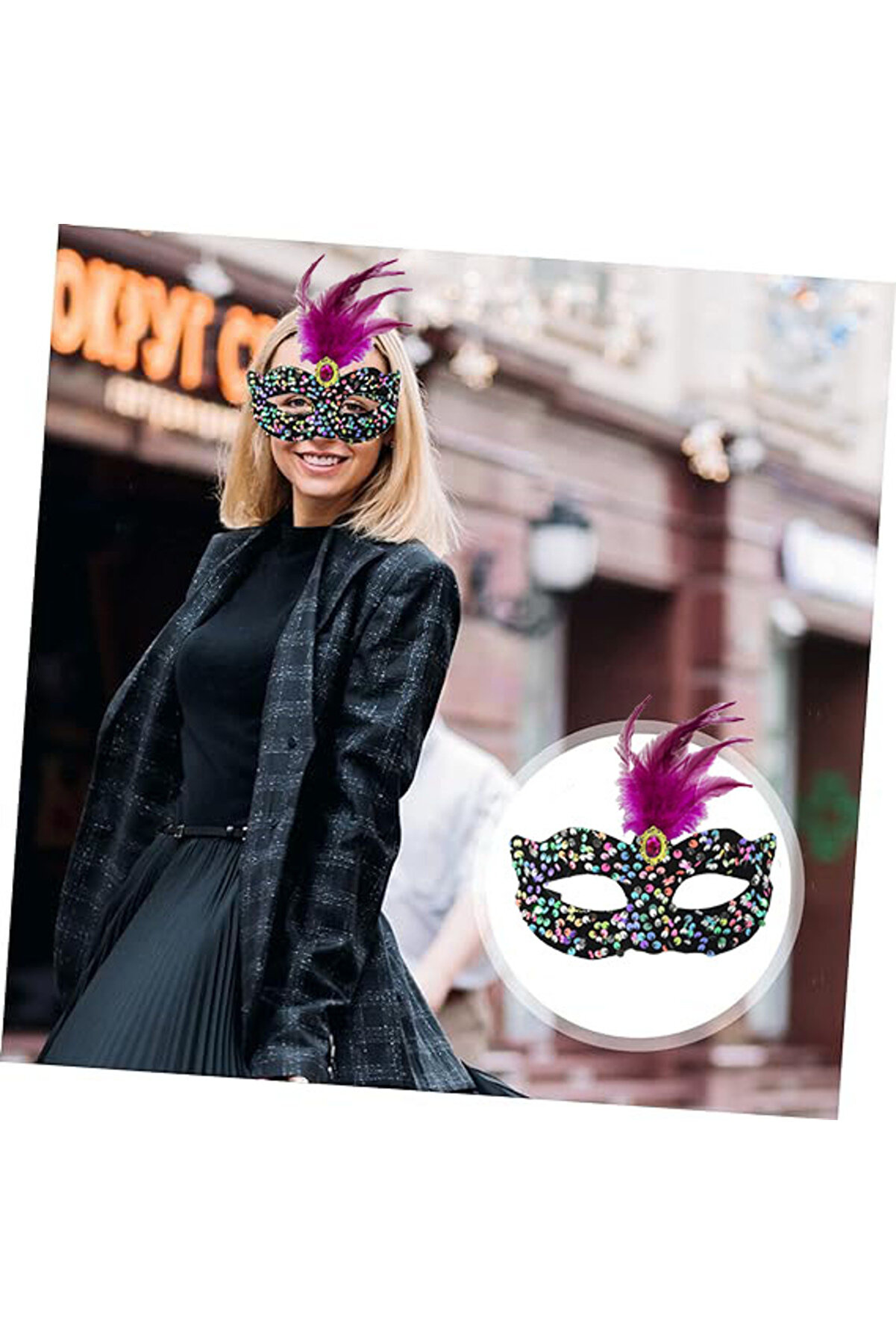 Go İthalat Si̇yah Kadi̇fe &Uuml;zeri̇ Rengarenk Payetli̇ Pullu Pembe T&uuml;yl&uuml; Pembe Taşlı Parti̇ Maskesi̇ 19X21 Cm (4130)