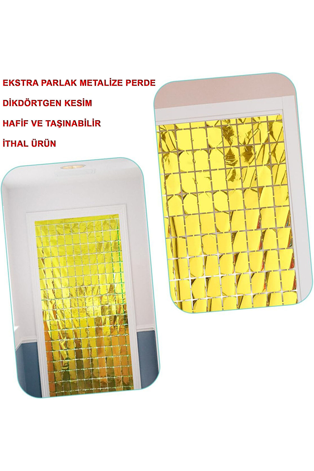 Go İthalat Ekstra Metali̇ze Altın Renk Di̇sko Di̇kd&ouml;rtgen Kesi̇m Kapı Perdesi̇ Dekorasyon 1X2 Metre (4130)