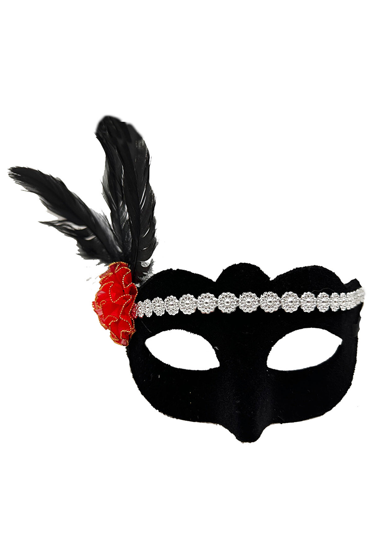 Go İthalat Si̇yah Renk S&uuml;et Kaplama G&uuml;m&uuml;ş Dantelli̇ Kırmızı G&uuml;l Tasarımlı Parti̇ Maskesi̇ 18X20 Cm (4130)