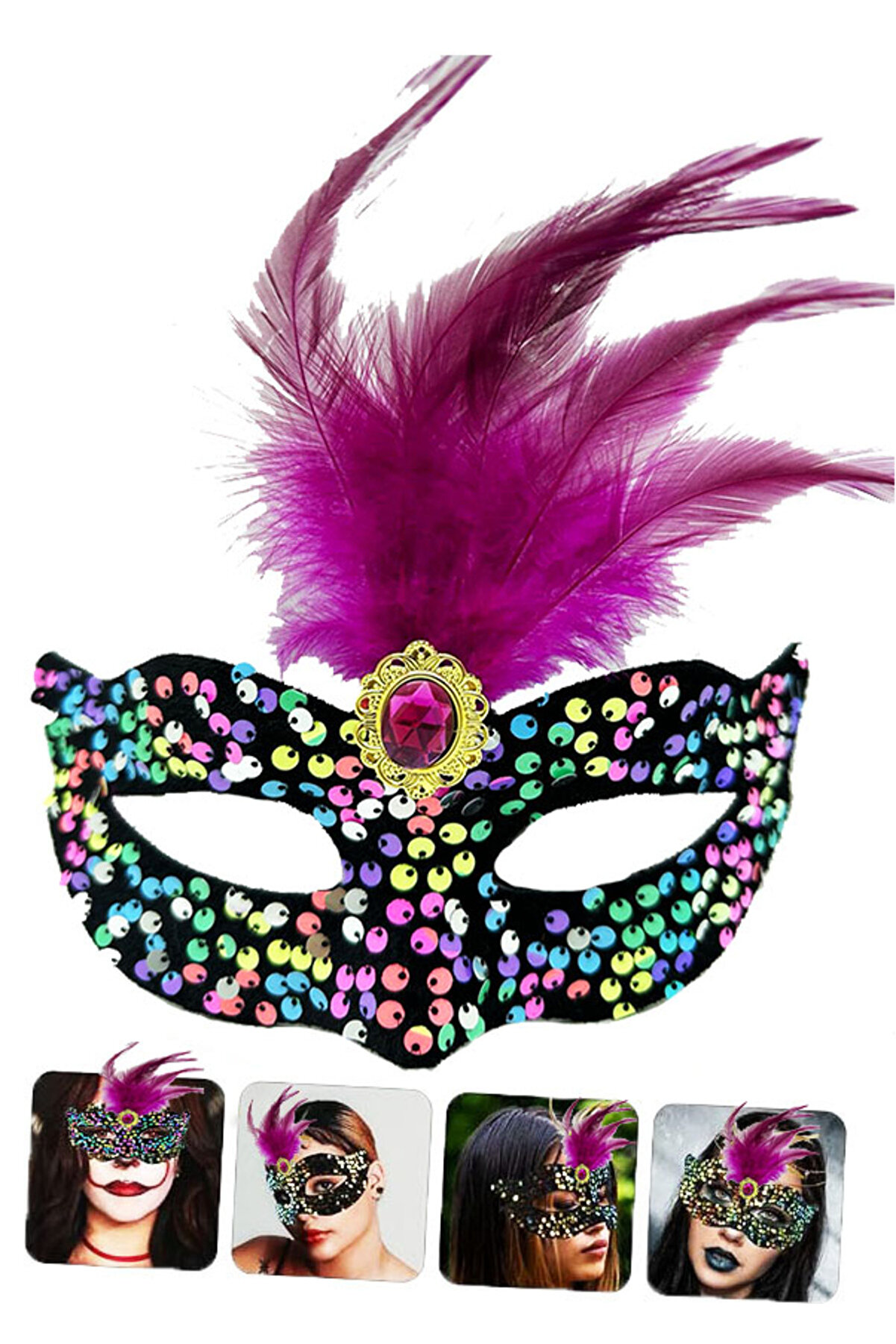 Go İthalat Si̇yah Kadi̇fe &Uuml;zeri̇ Rengarenk Payetli̇ Pullu Pembe T&uuml;yl&uuml; Pembe Taşlı Parti̇ Maskesi̇ 19X21 Cm (4130)